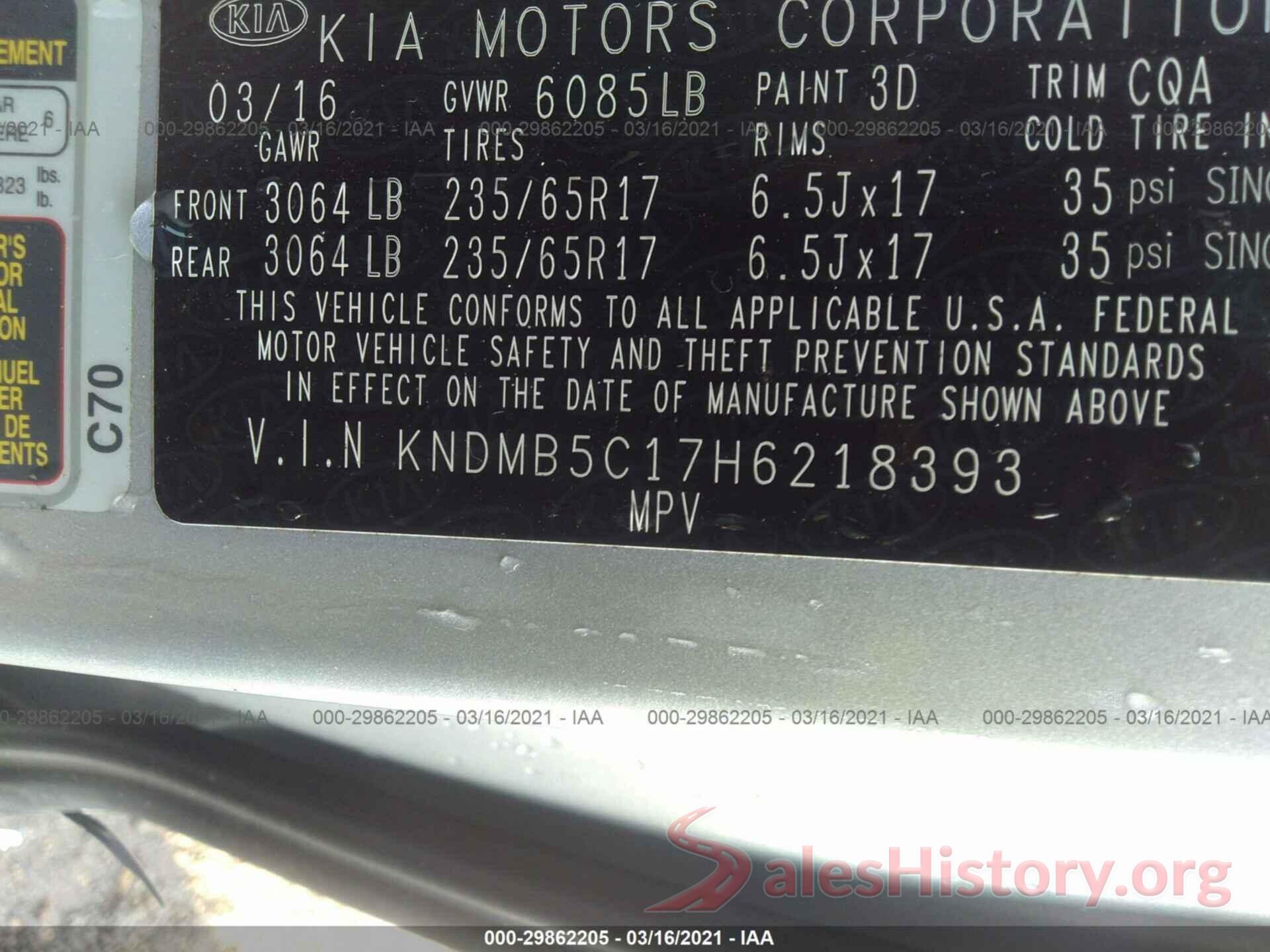 KNDMB5C17H6218393 2017 KIA SEDONA