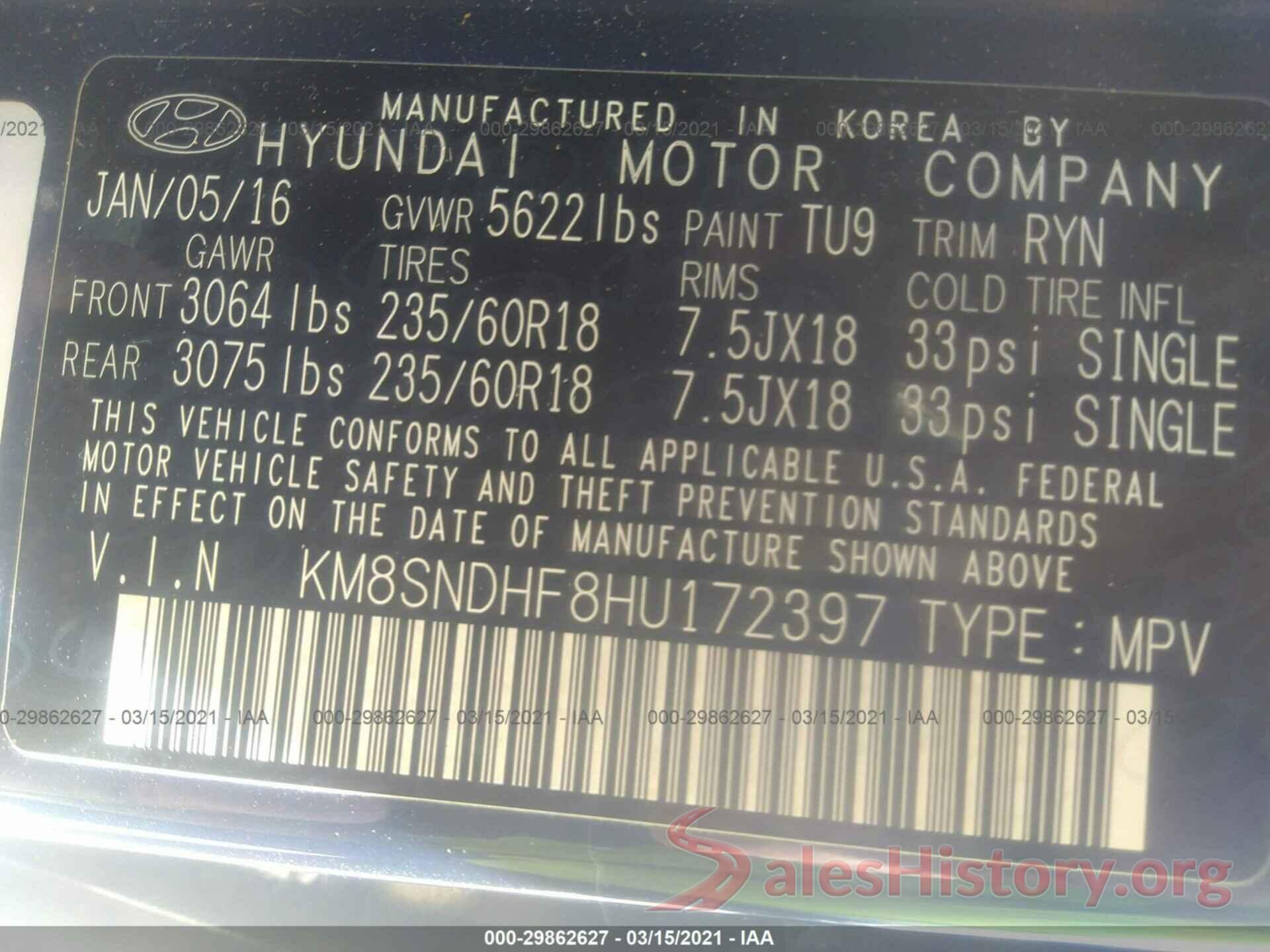 KM8SNDHF8HU172397 2017 HYUNDAI SANTA FE