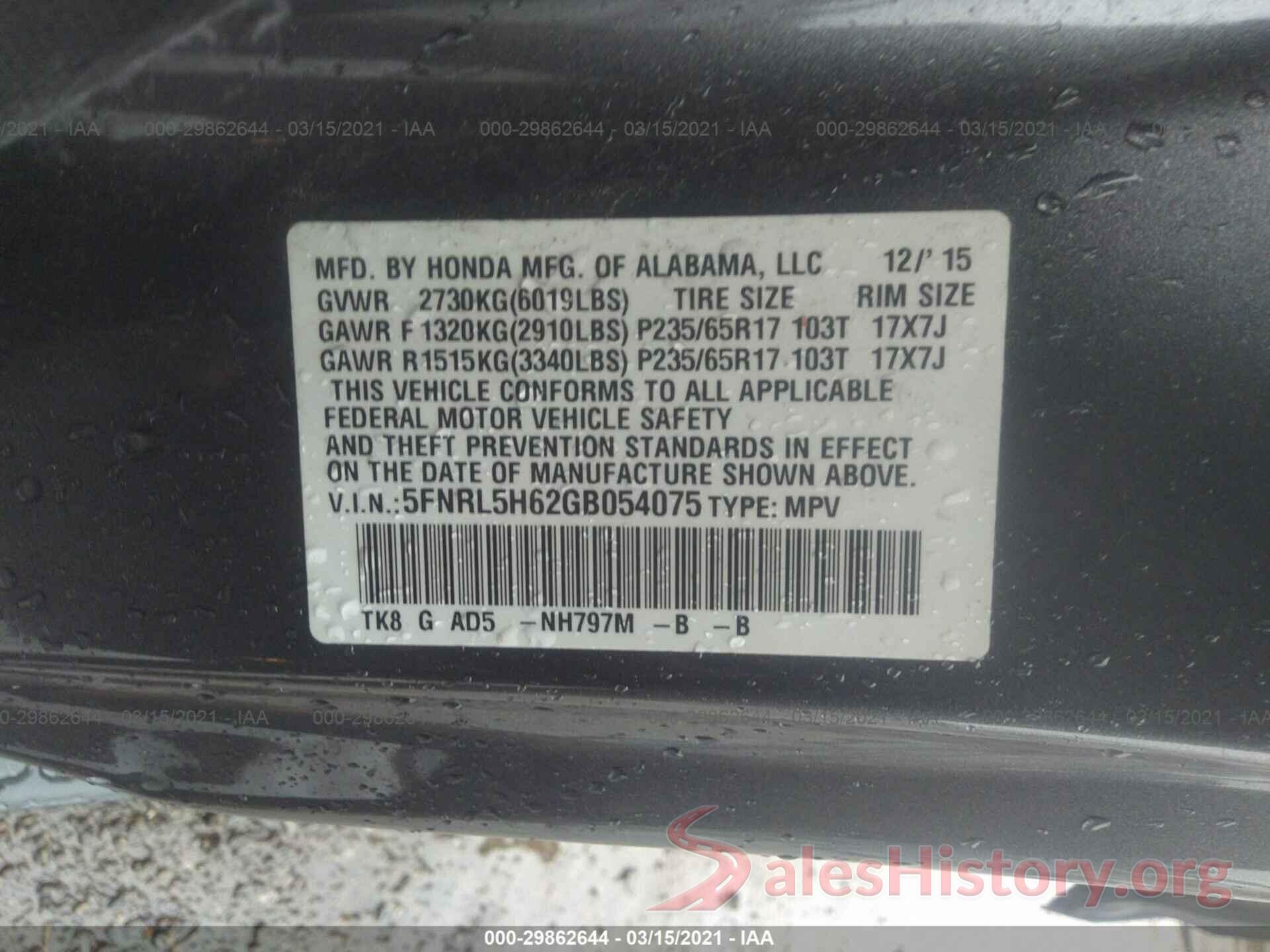 5FNRL5H62GB054075 2016 HONDA ODYSSEY