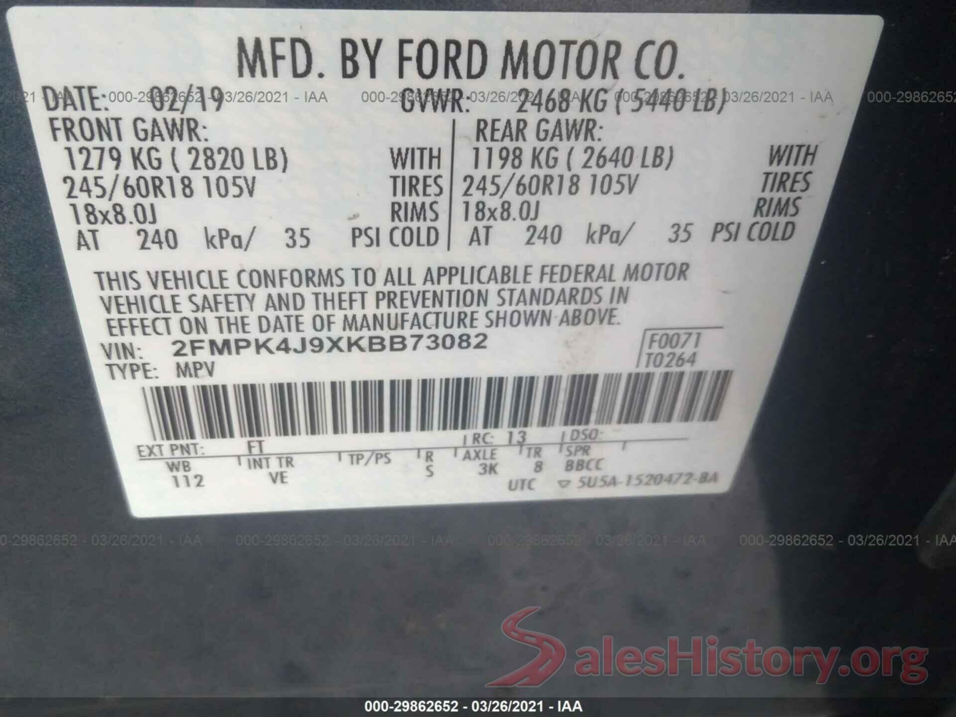 2FMPK4J9XKBB73082 2019 FORD EDGE