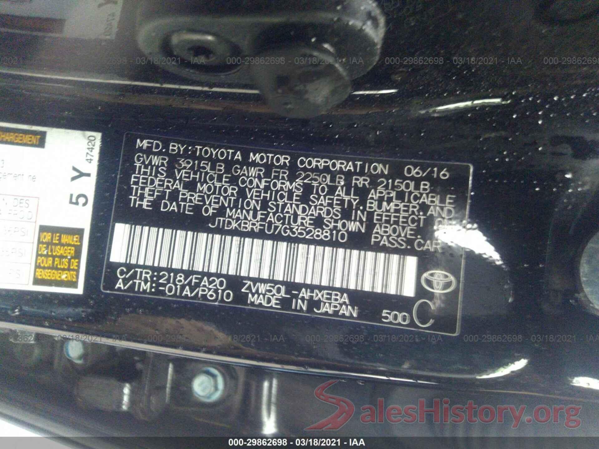 JTDKBRFU7G3528810 2016 TOYOTA PRIUS