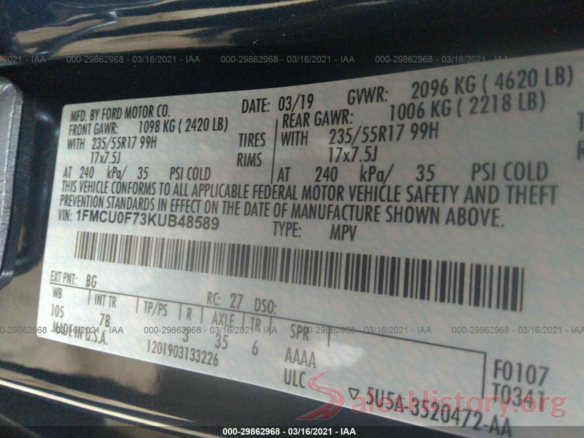 1FMCU0F73KUB48589 2019 FORD ESCAPE