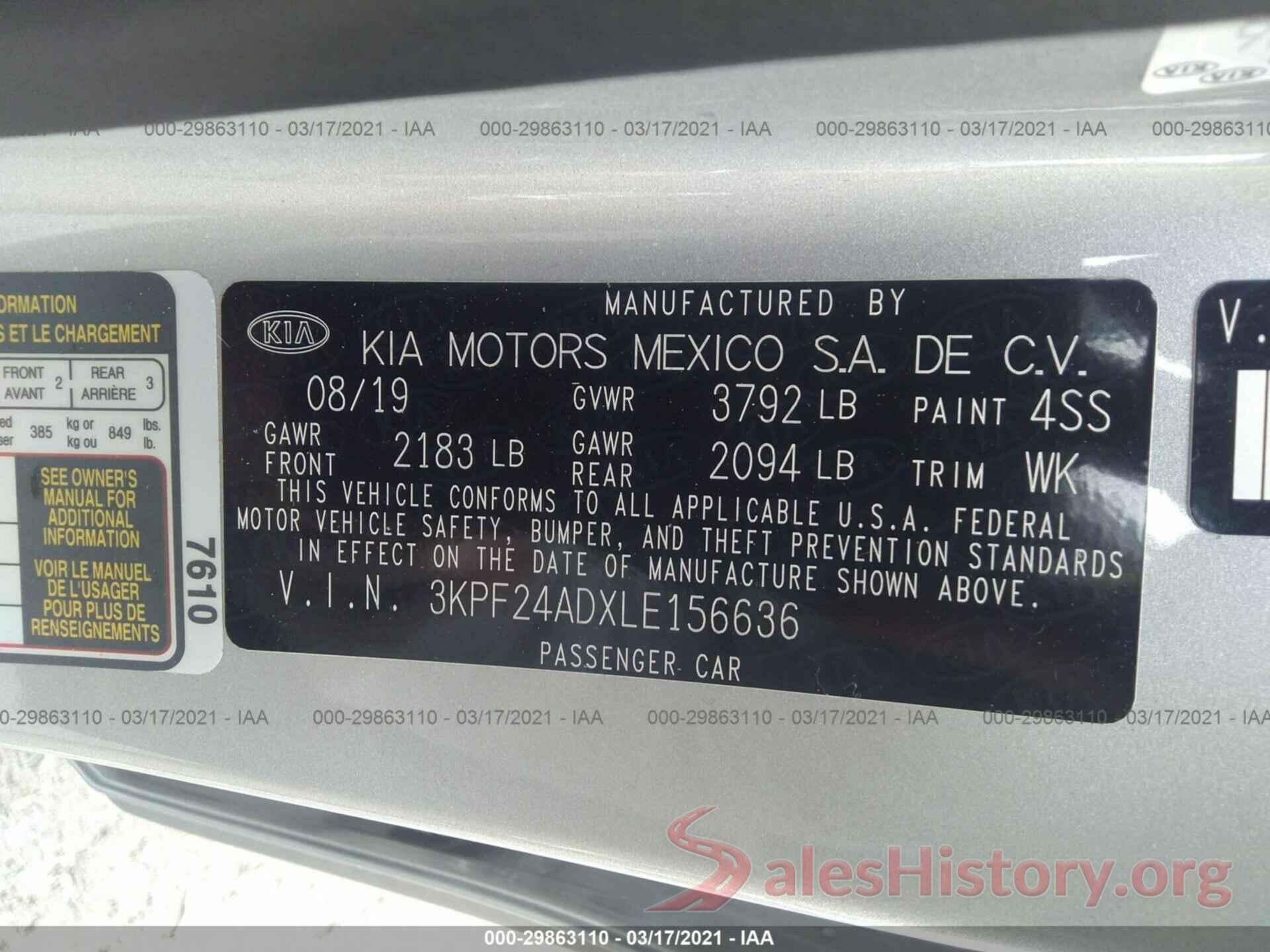 3KPF24ADXLE156636 2020 KIA FORTE