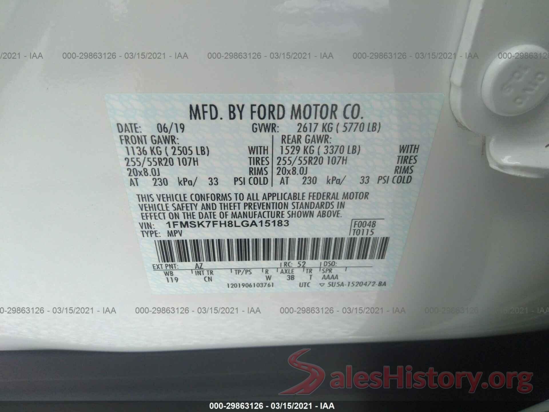 1FMSK7FH8LGA15183 2020 FORD EXPLORER