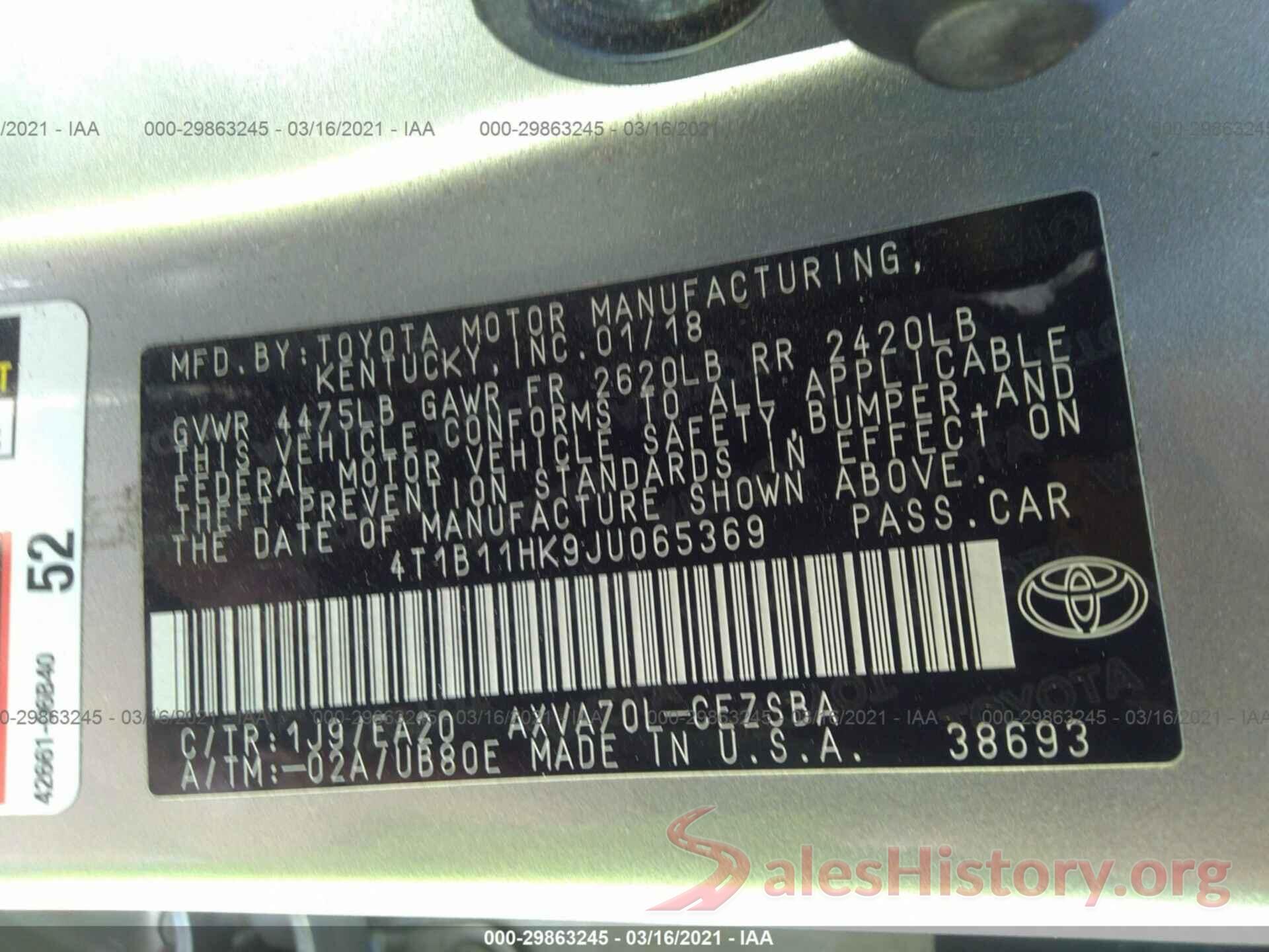 4T1B11HK9JU065369 2018 TOYOTA CAMRY