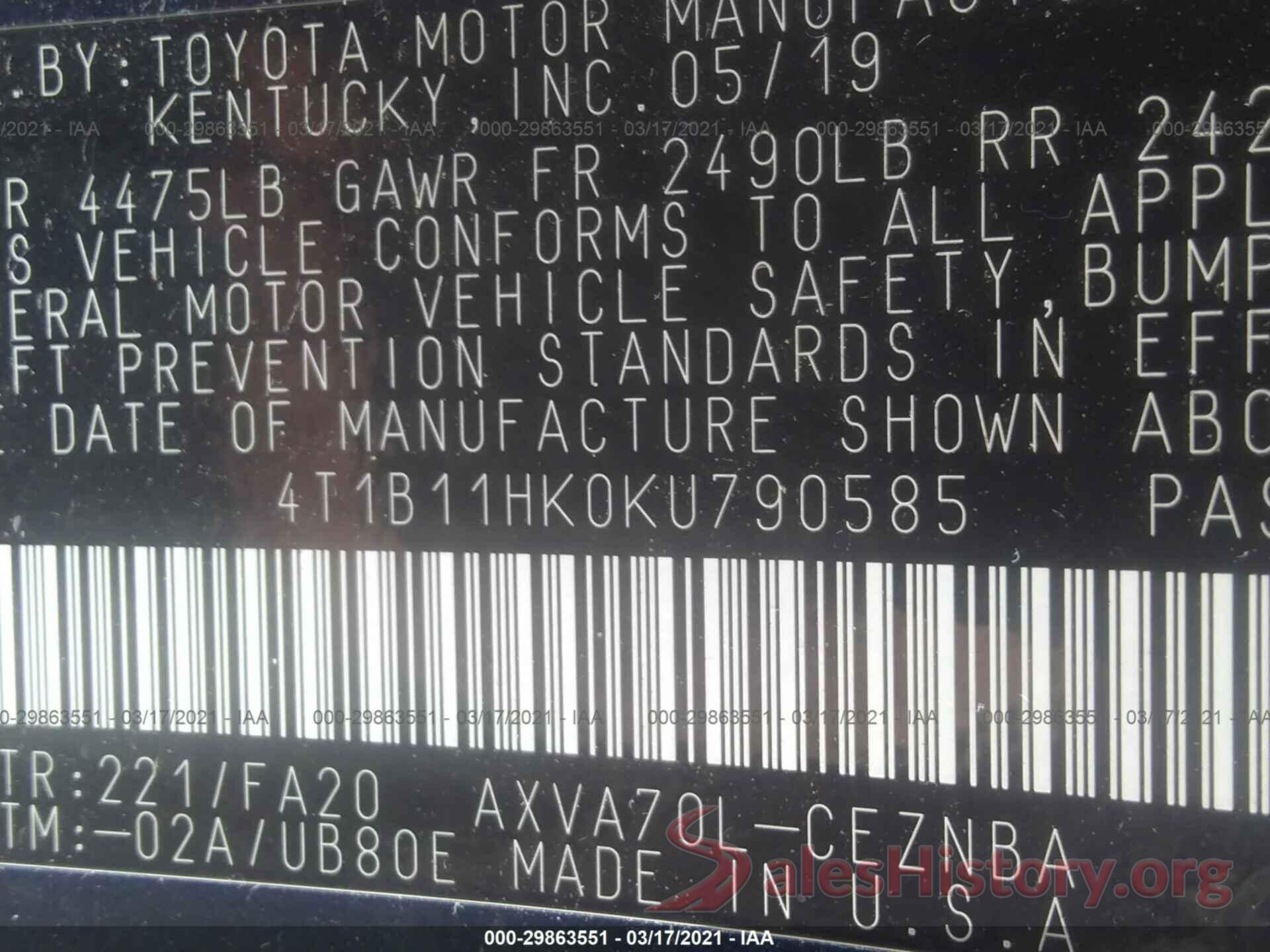 4T1B11HK0KU790585 2019 TOYOTA CAMRY