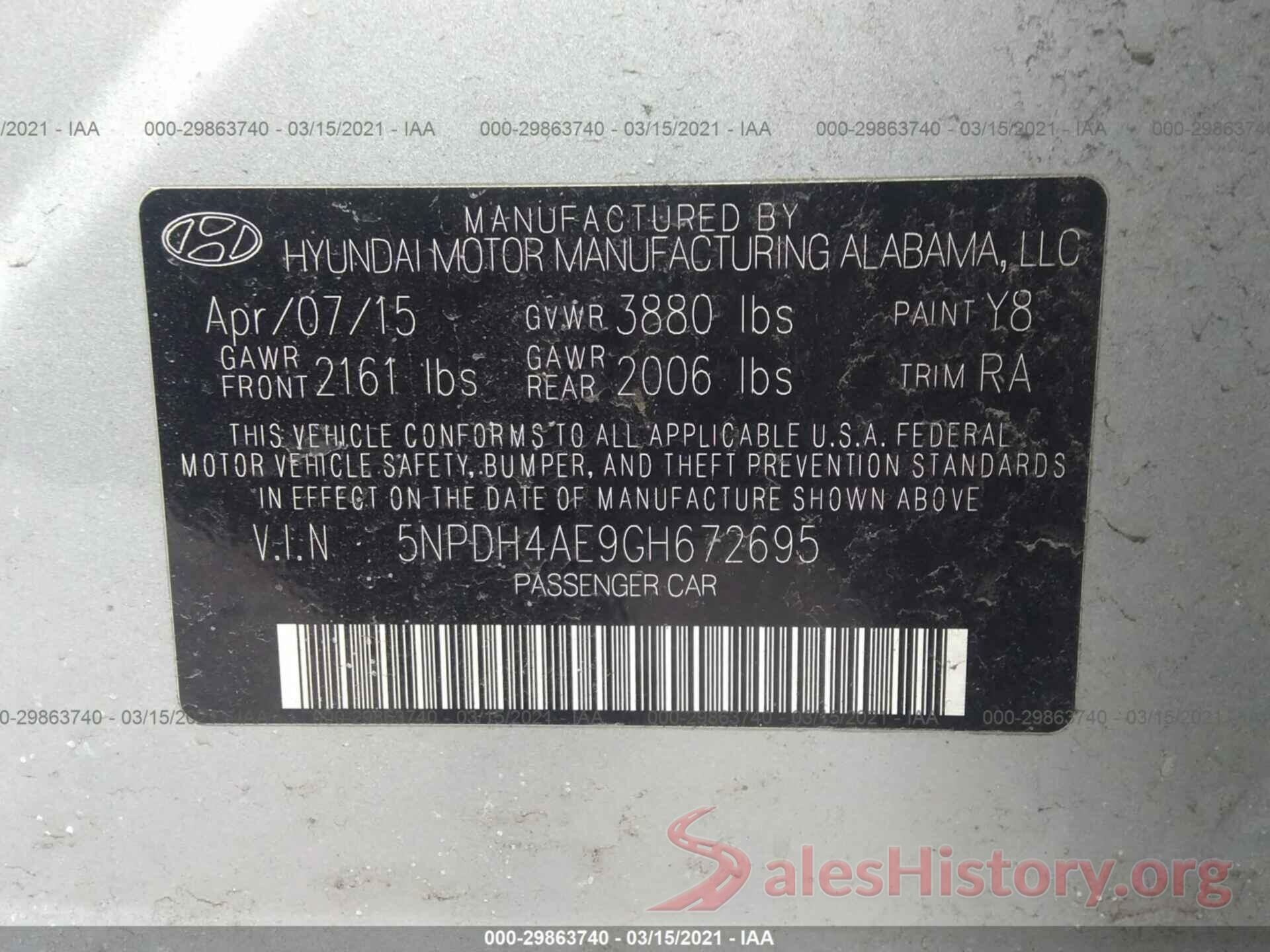 5NPDH4AE9GH672695 2016 HYUNDAI ELANTRA