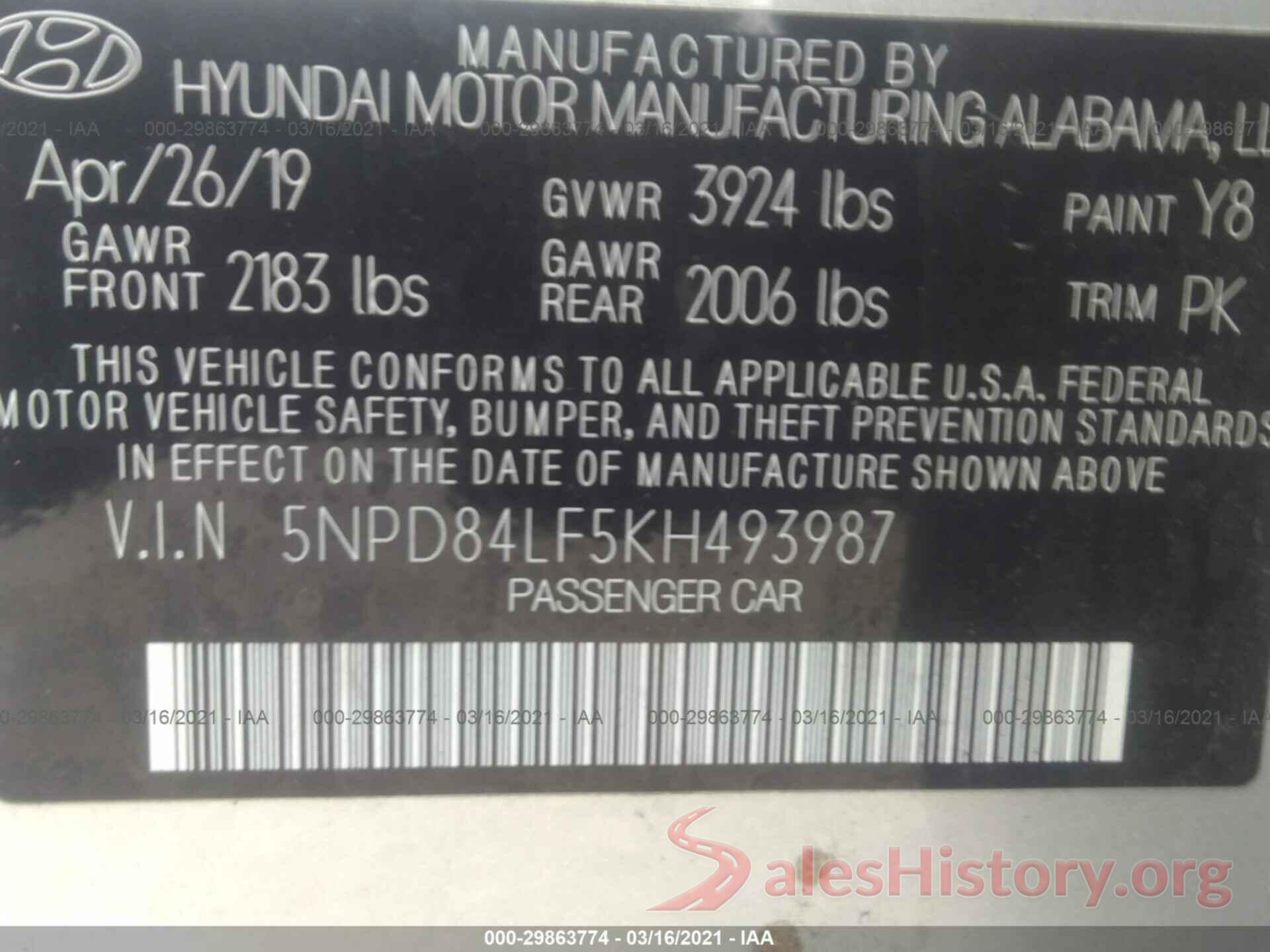 5NPD84LF5KH493987 2019 HYUNDAI ELANTRA