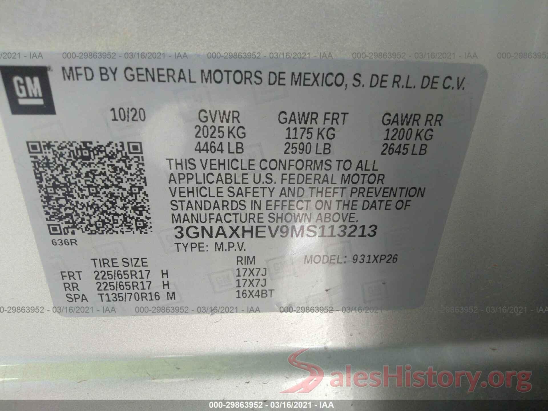 3GNAXHEV9MS113213 2021 CHEVROLET EQUINOX