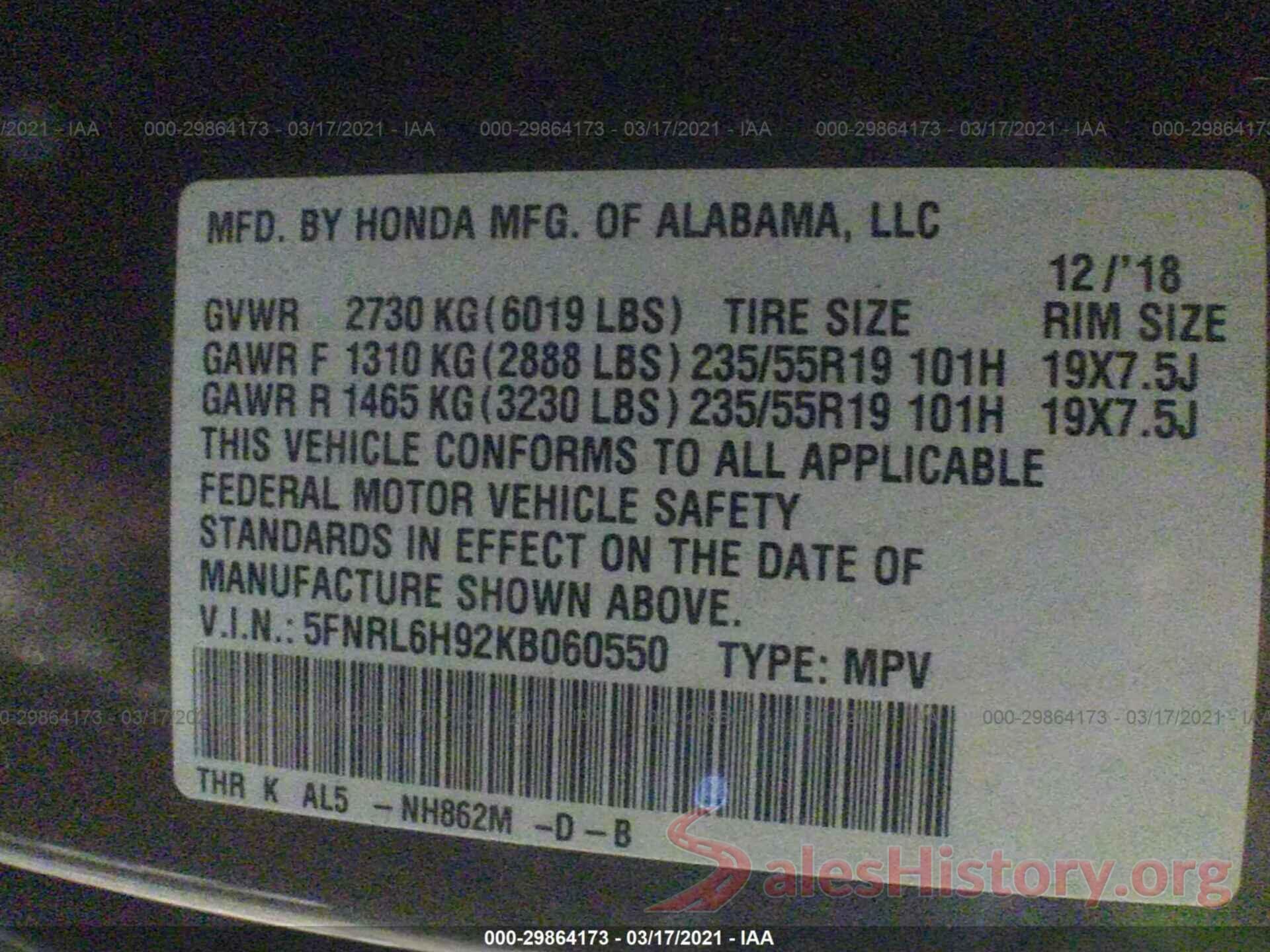 5FNRL6H92KB060550 2019 HONDA ODYSSEY