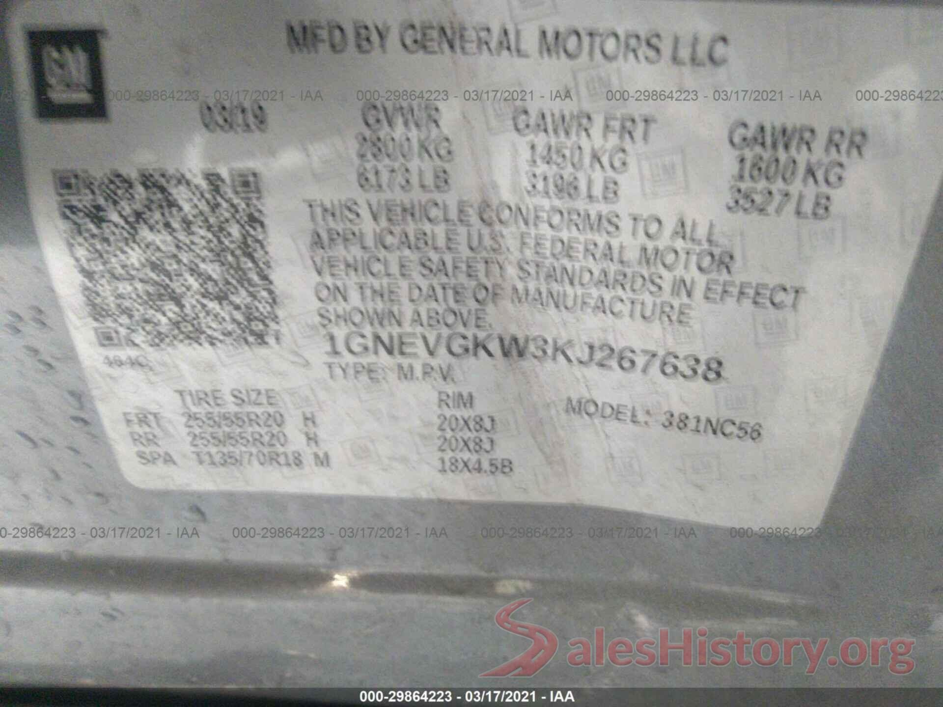 1GNEVGKW3KJ267638 2019 CHEVROLET TRAVERSE