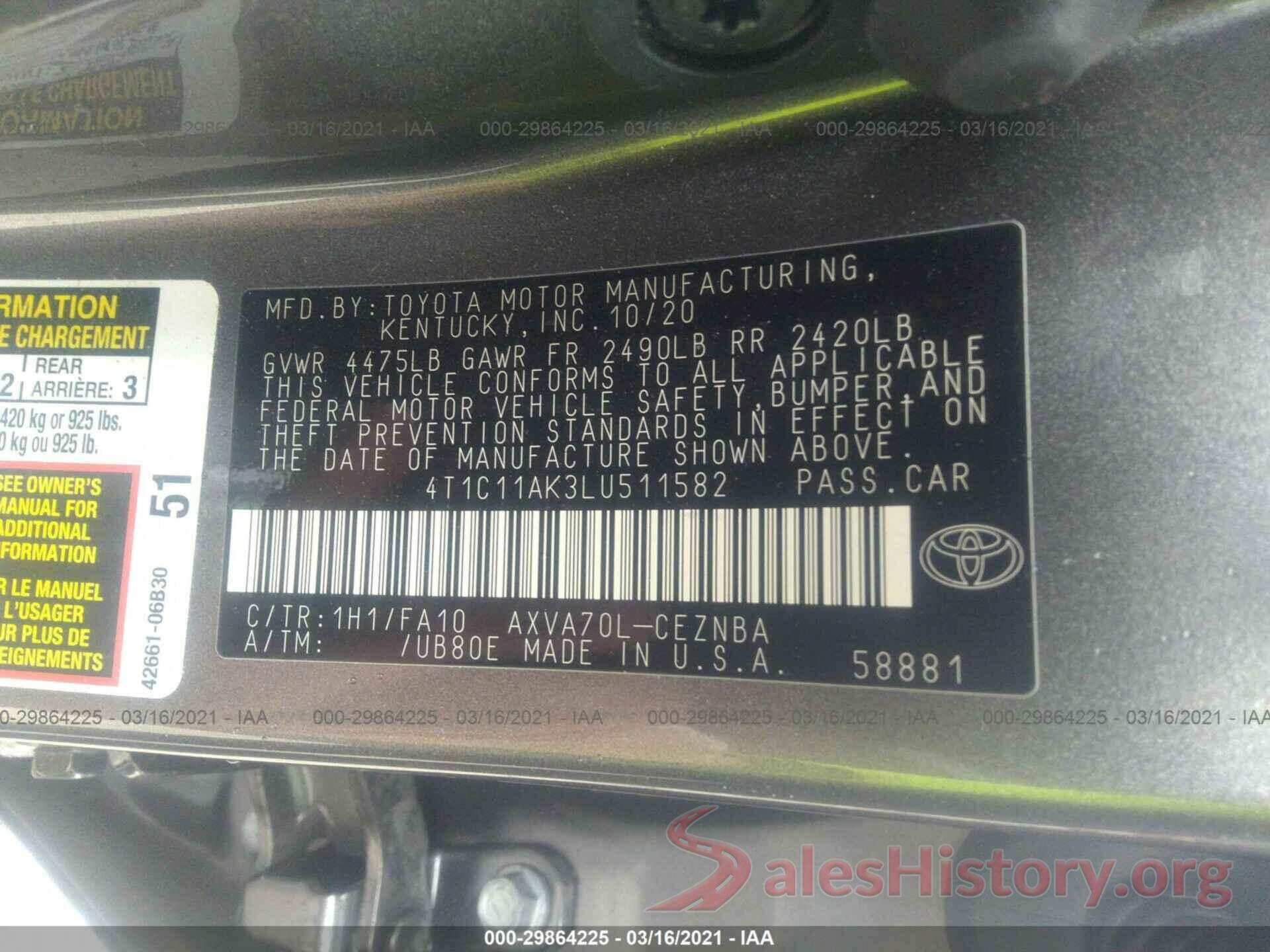 4T1C11AK3LU511582 2020 TOYOTA CAMRY