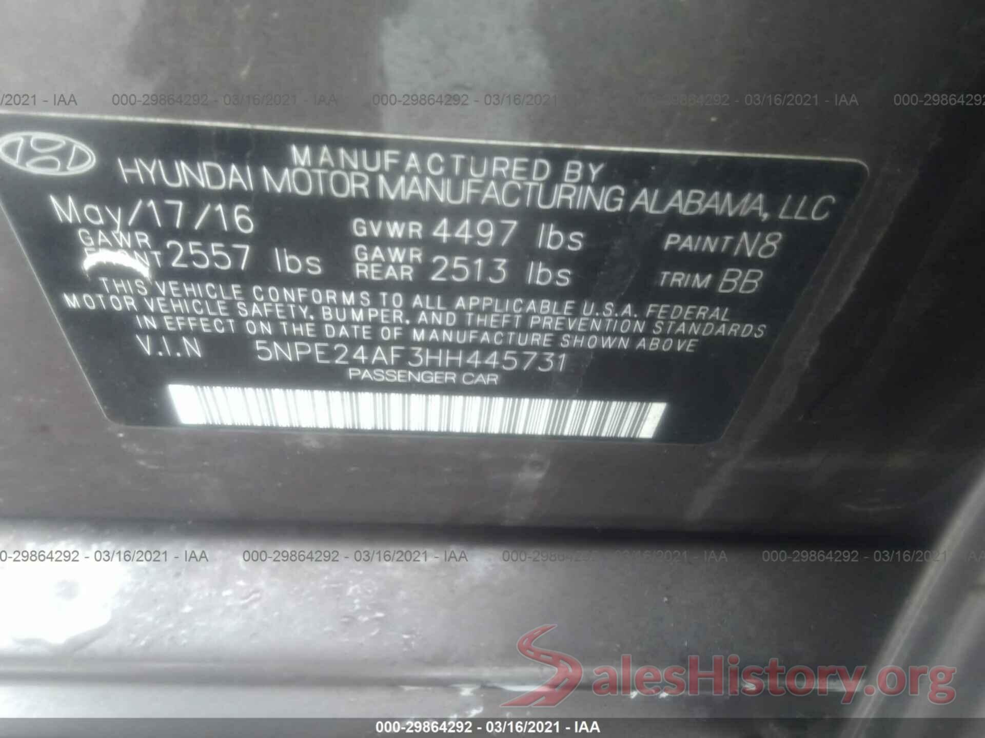 5NPE24AF3HH445731 2017 HYUNDAI SONATA