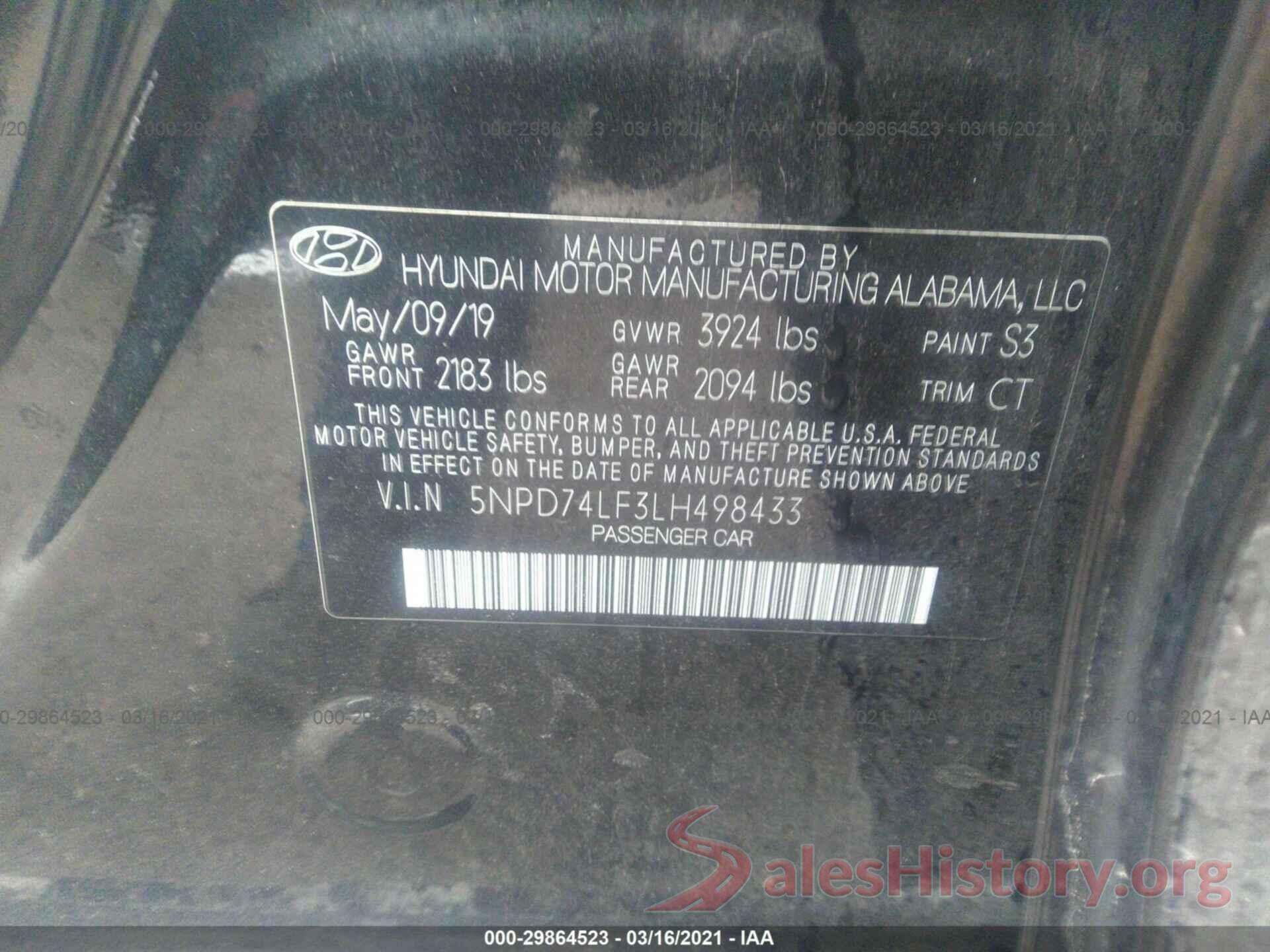 5NPD74LF3LH498433 2020 HYUNDAI ELANTRA