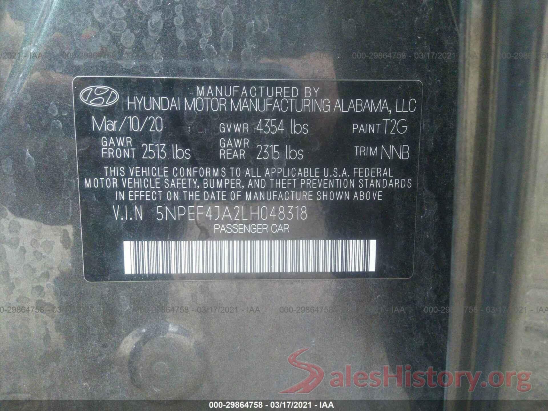 5NPEF4JA2LH048318 2020 HYUNDAI SONATA