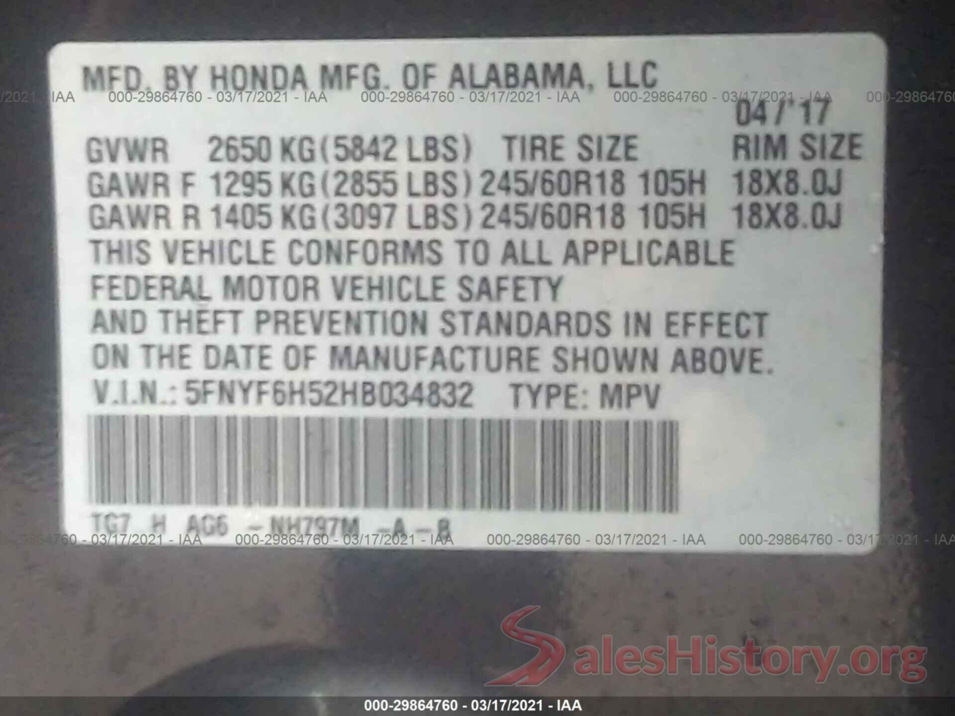 5FNYF6H52HB034832 2017 HONDA PILOT