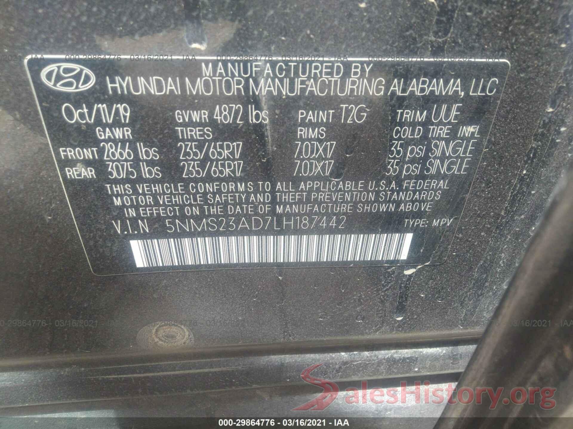 5NMS23AD7LH187442 2020 HYUNDAI SANTA FE