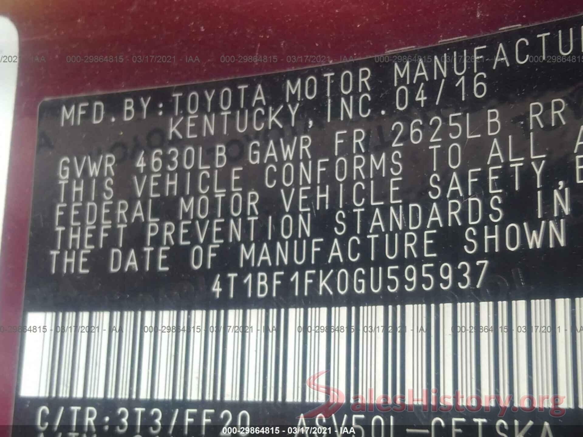 4T1BF1FK0GU595937 2016 TOYOTA CAMRY