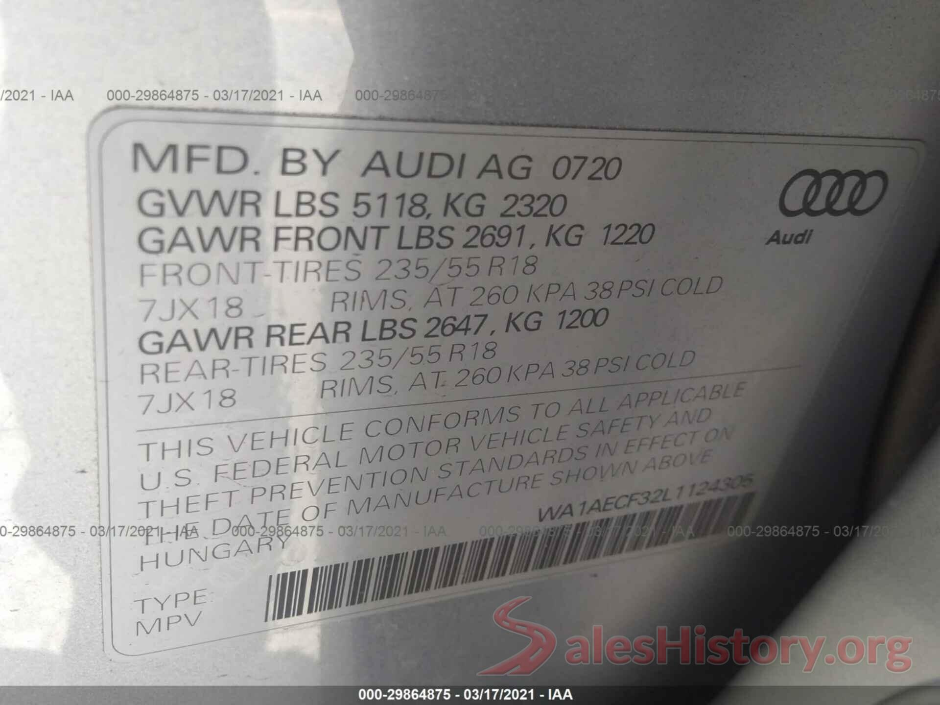 WA1AECF32L1124305 2020 AUDI Q3