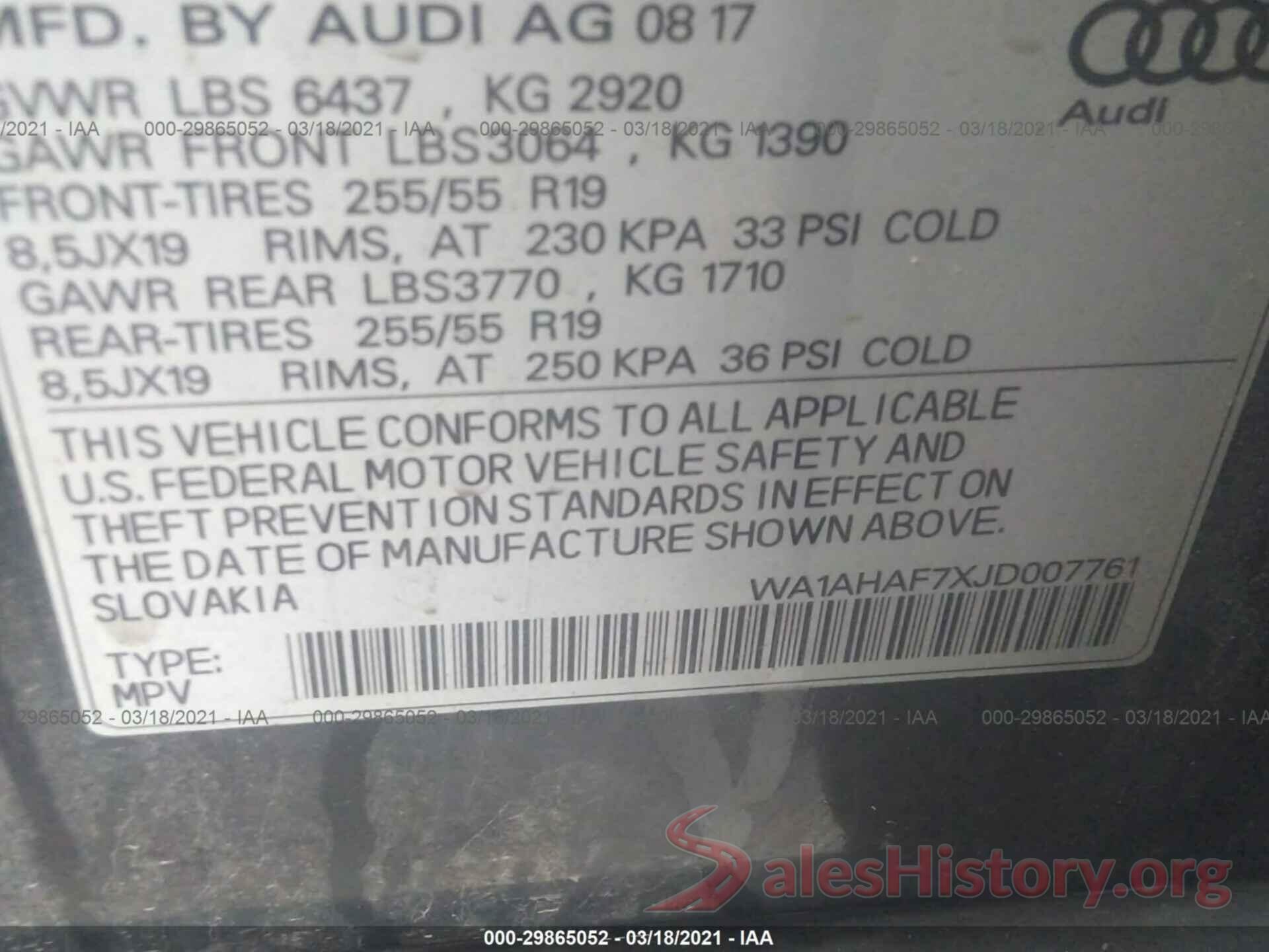 WA1AHAF7XJD007761 2018 AUDI Q7