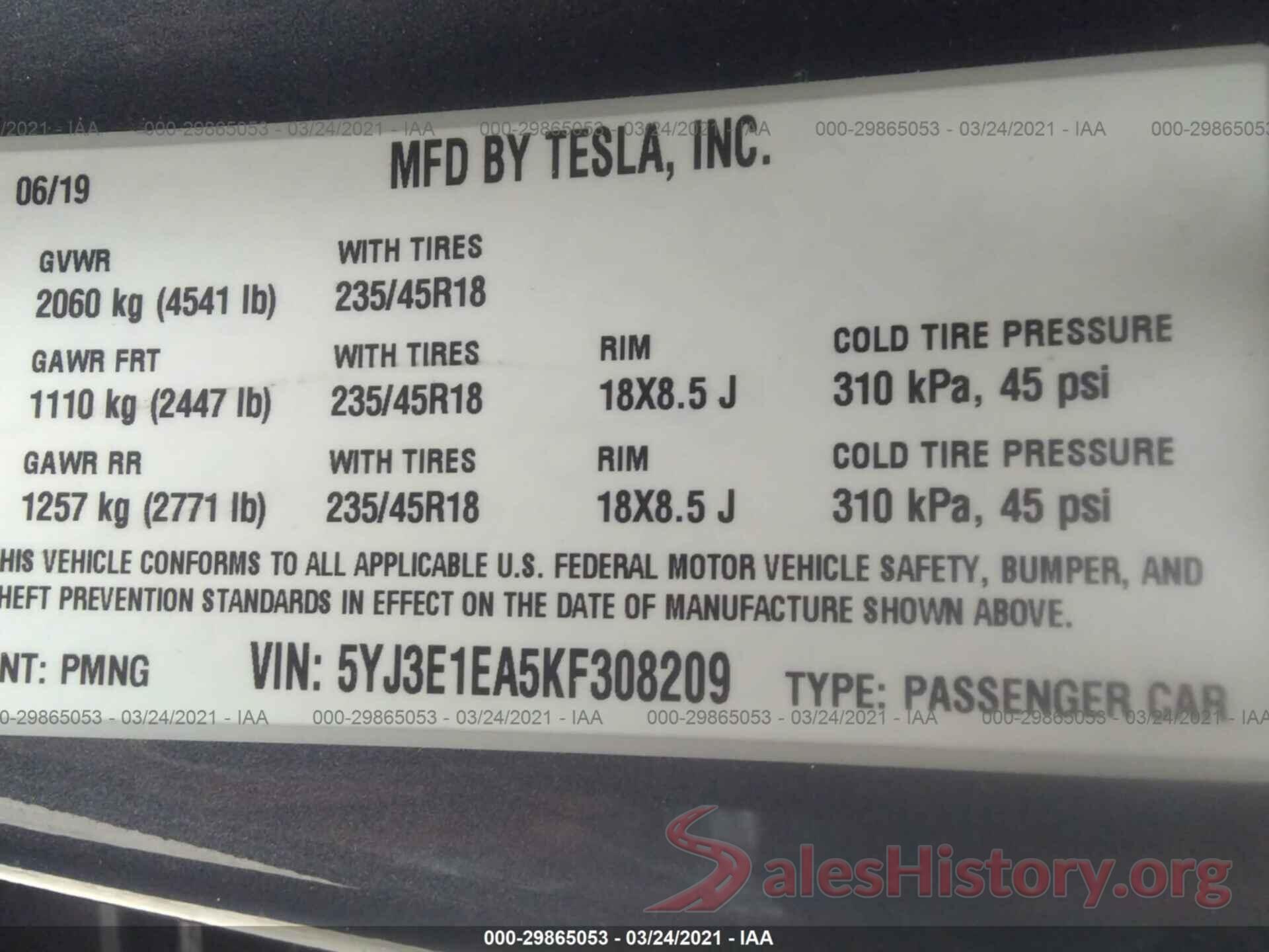 5YJ3E1EA5KF308209 2019 TESLA MODEL 3