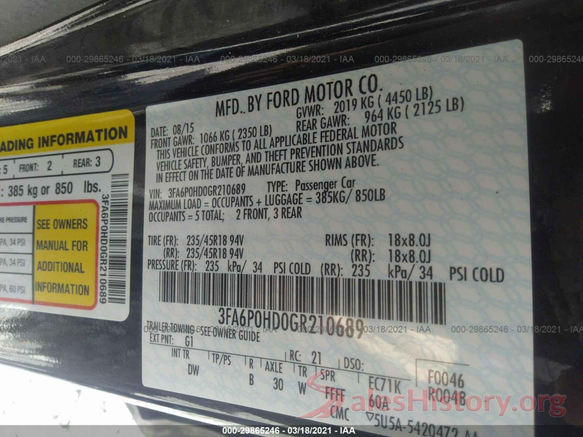 3FA6P0HD0GR210689 2016 FORD FUSION