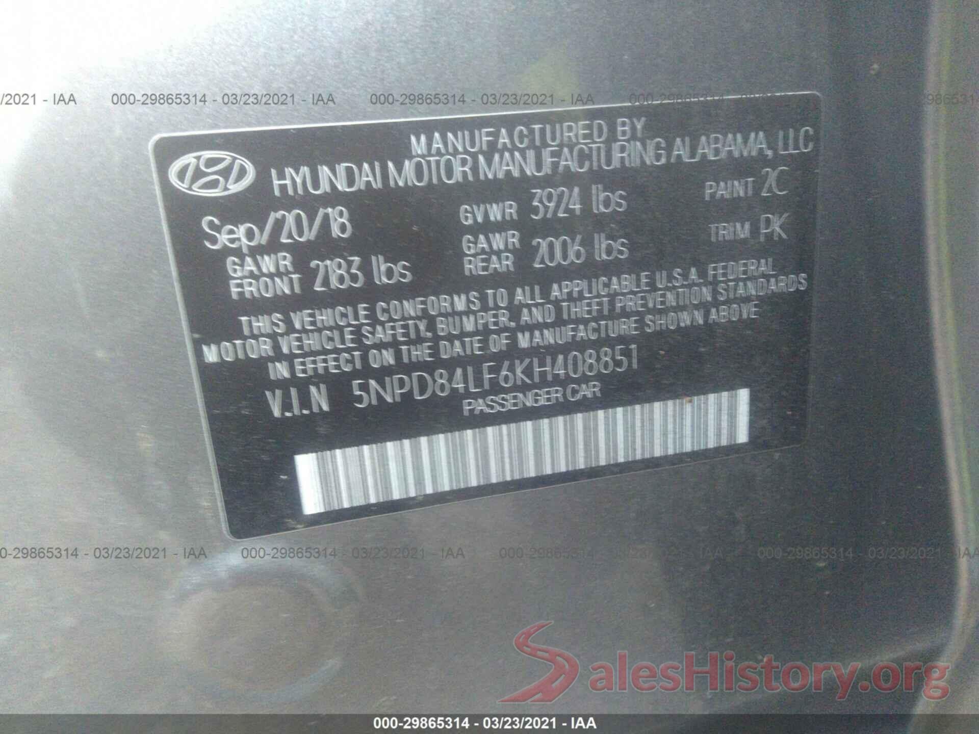 5NPD84LF6KH408851 2019 HYUNDAI ELANTRA