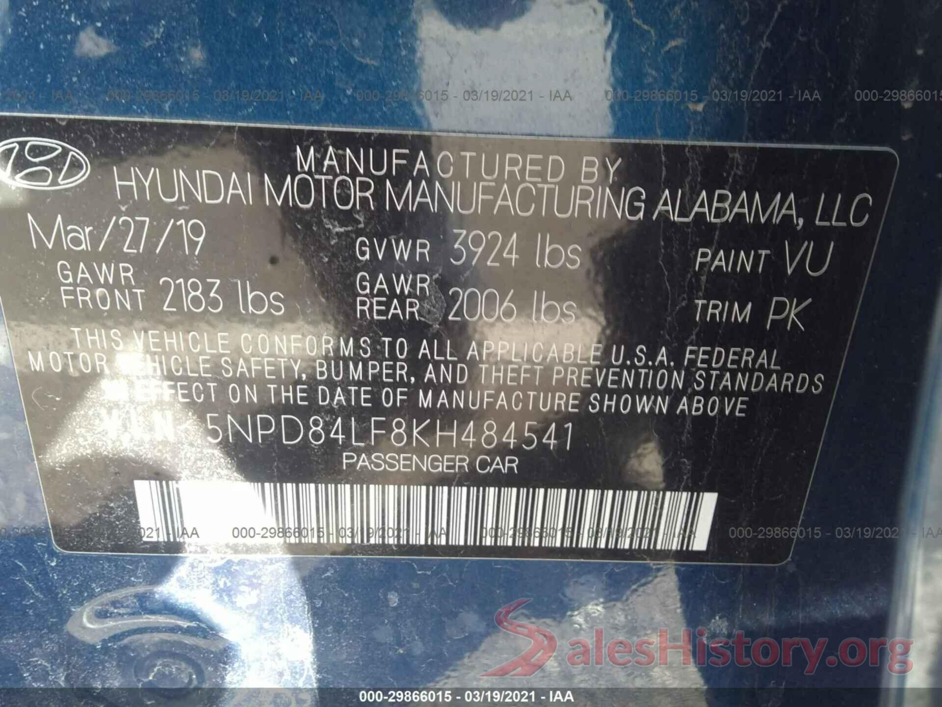 5NPD84LF8KH484541 2019 HYUNDAI ELANTRA