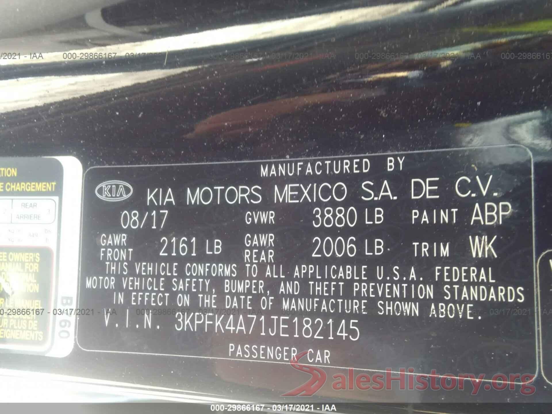 3KPFK4A71JE182145 2018 KIA FORTE