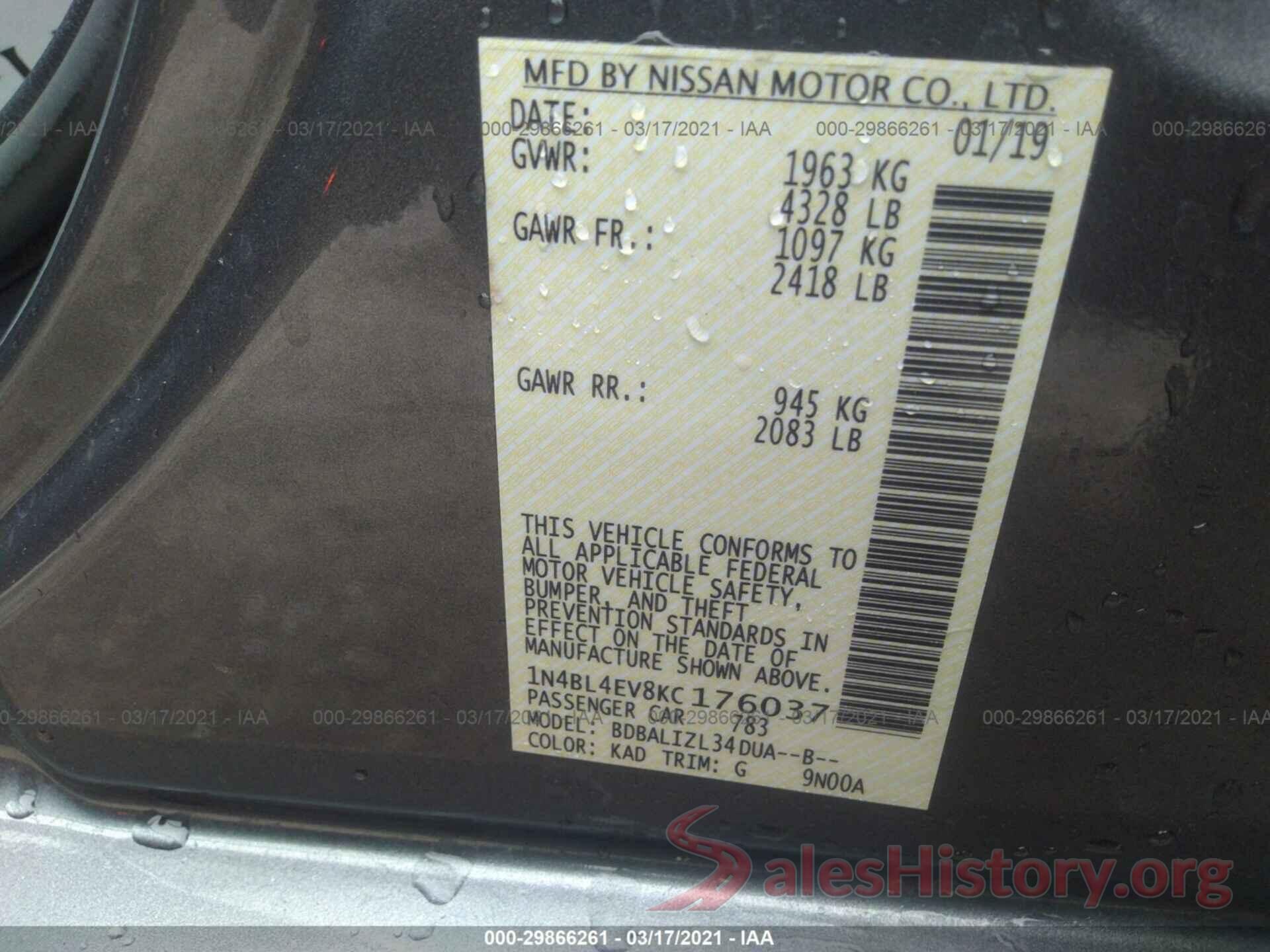 1N4BL4EV8KC176037 2019 NISSAN ALTIMA