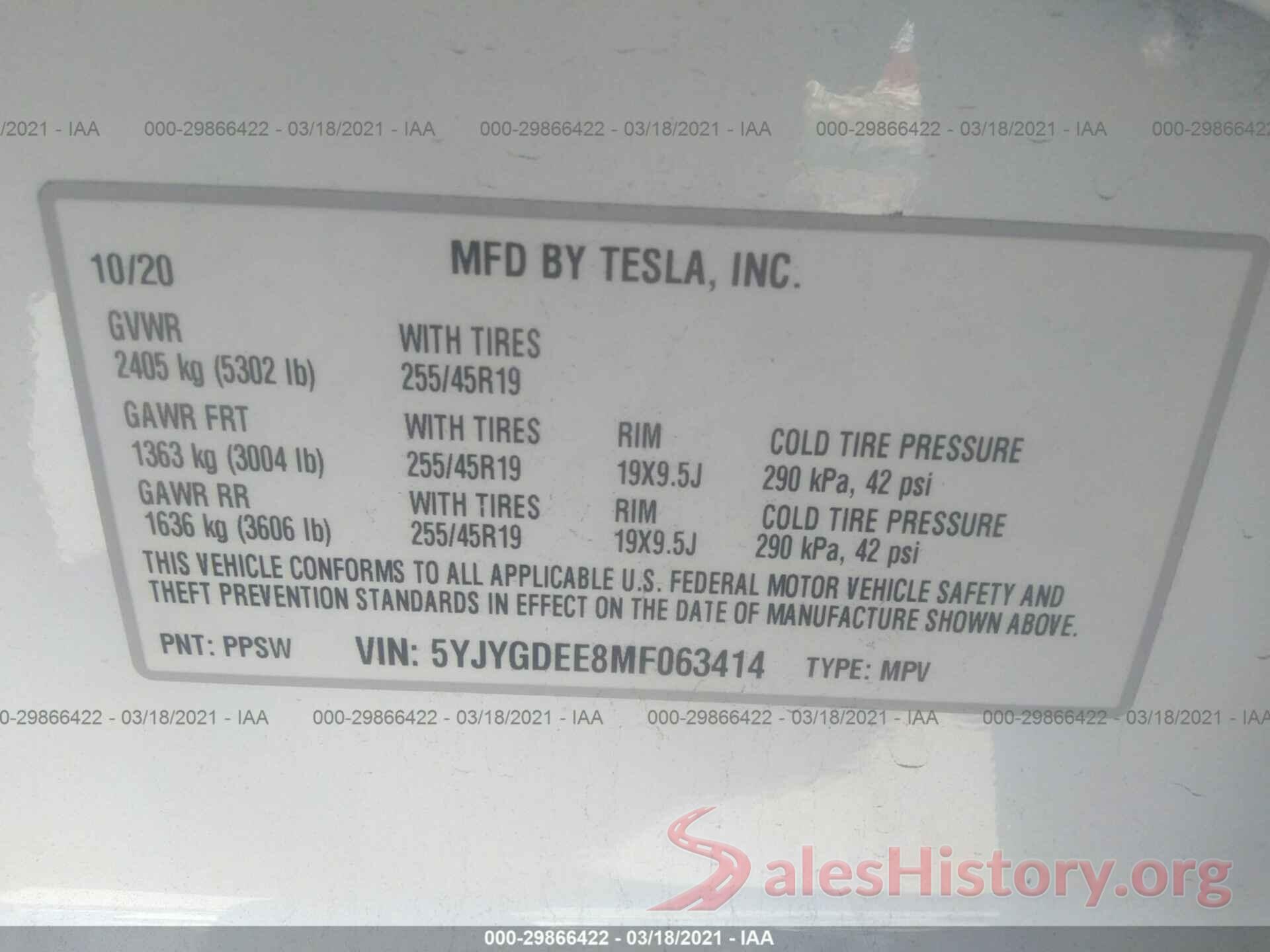 5YJYGDEE8MF063414 2021 TESLA MODEL Y