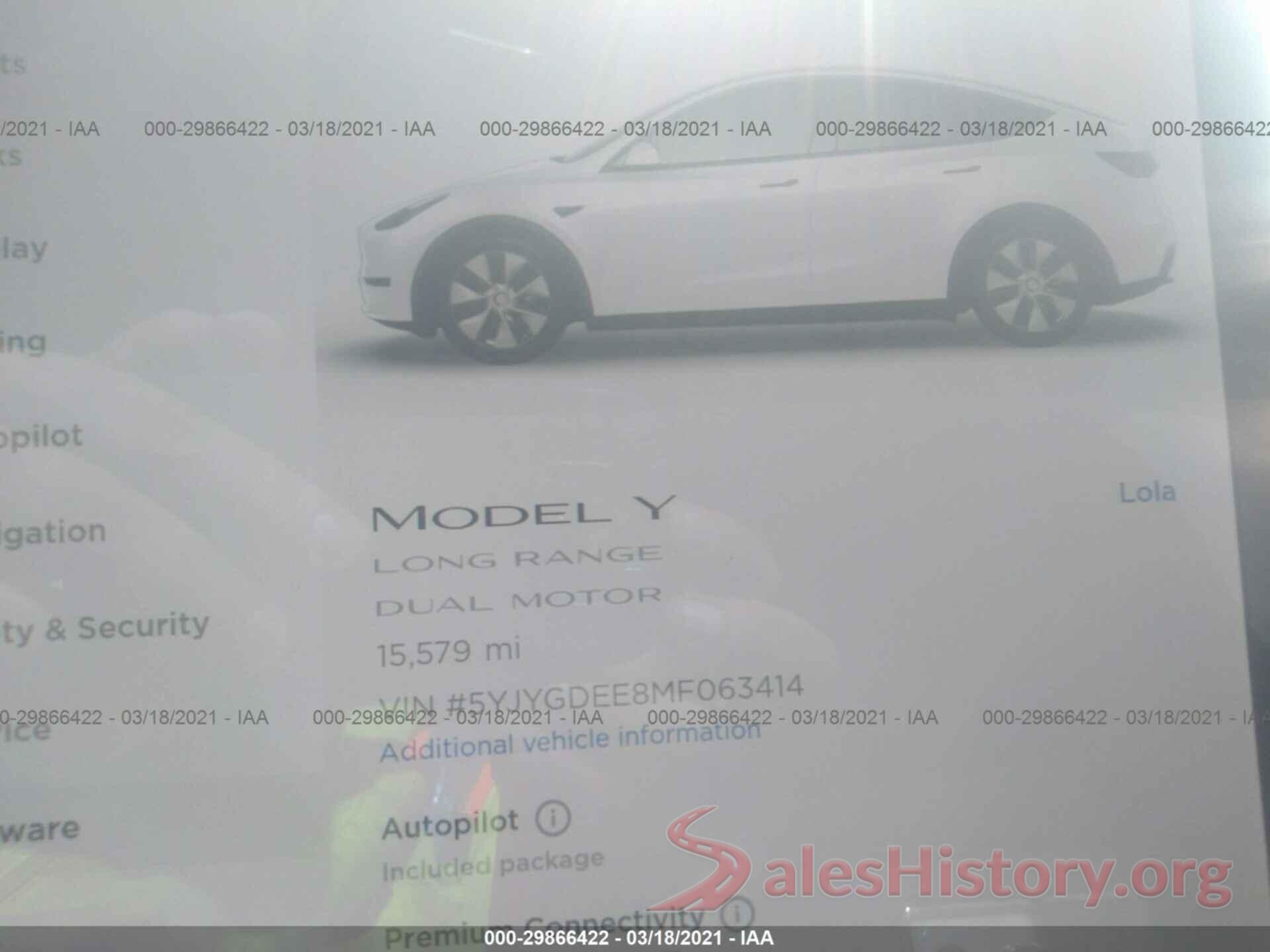 5YJYGDEE8MF063414 2021 TESLA MODEL Y