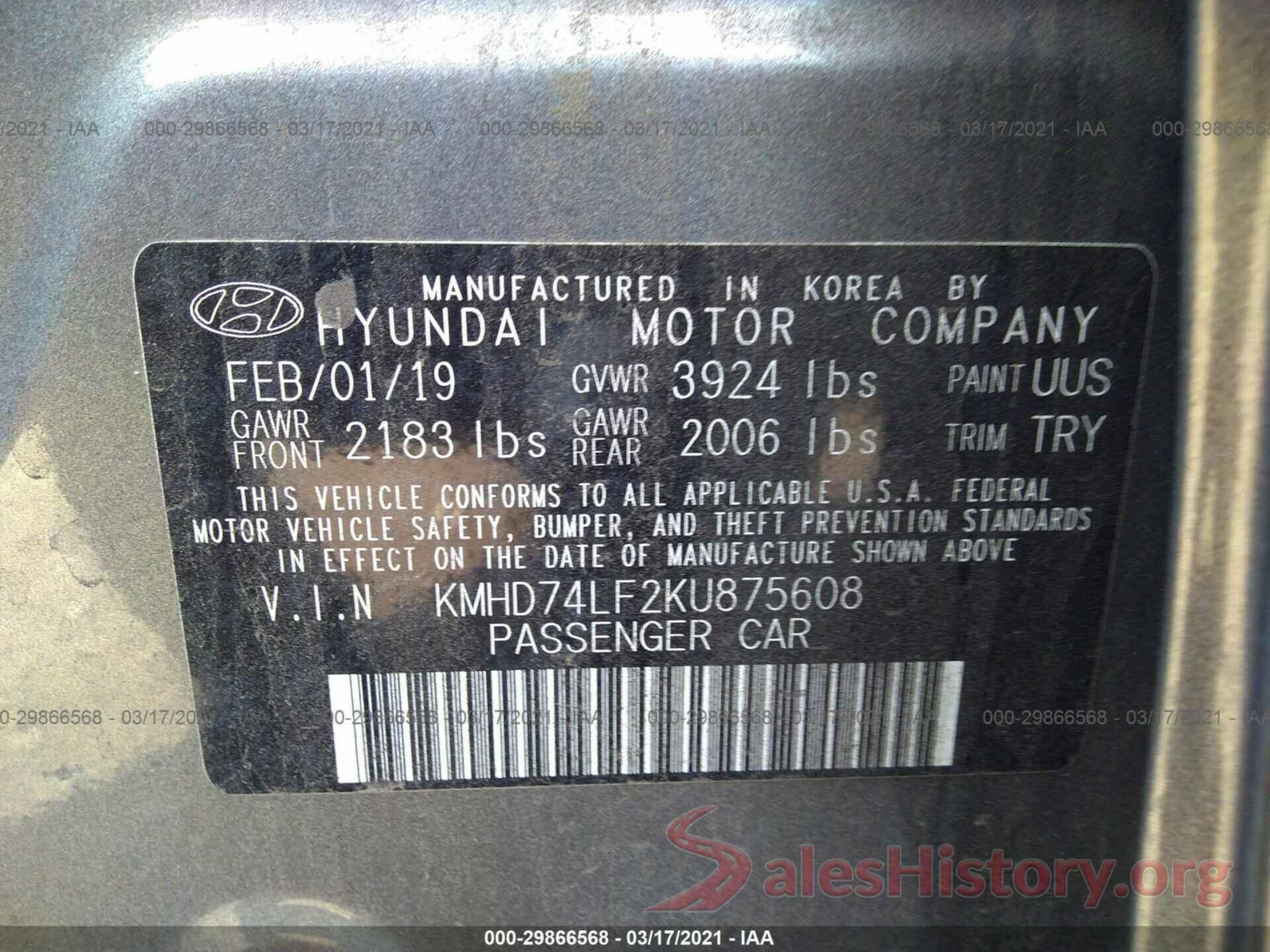 KMHD74LF2KU875608 2019 HYUNDAI ELANTRA