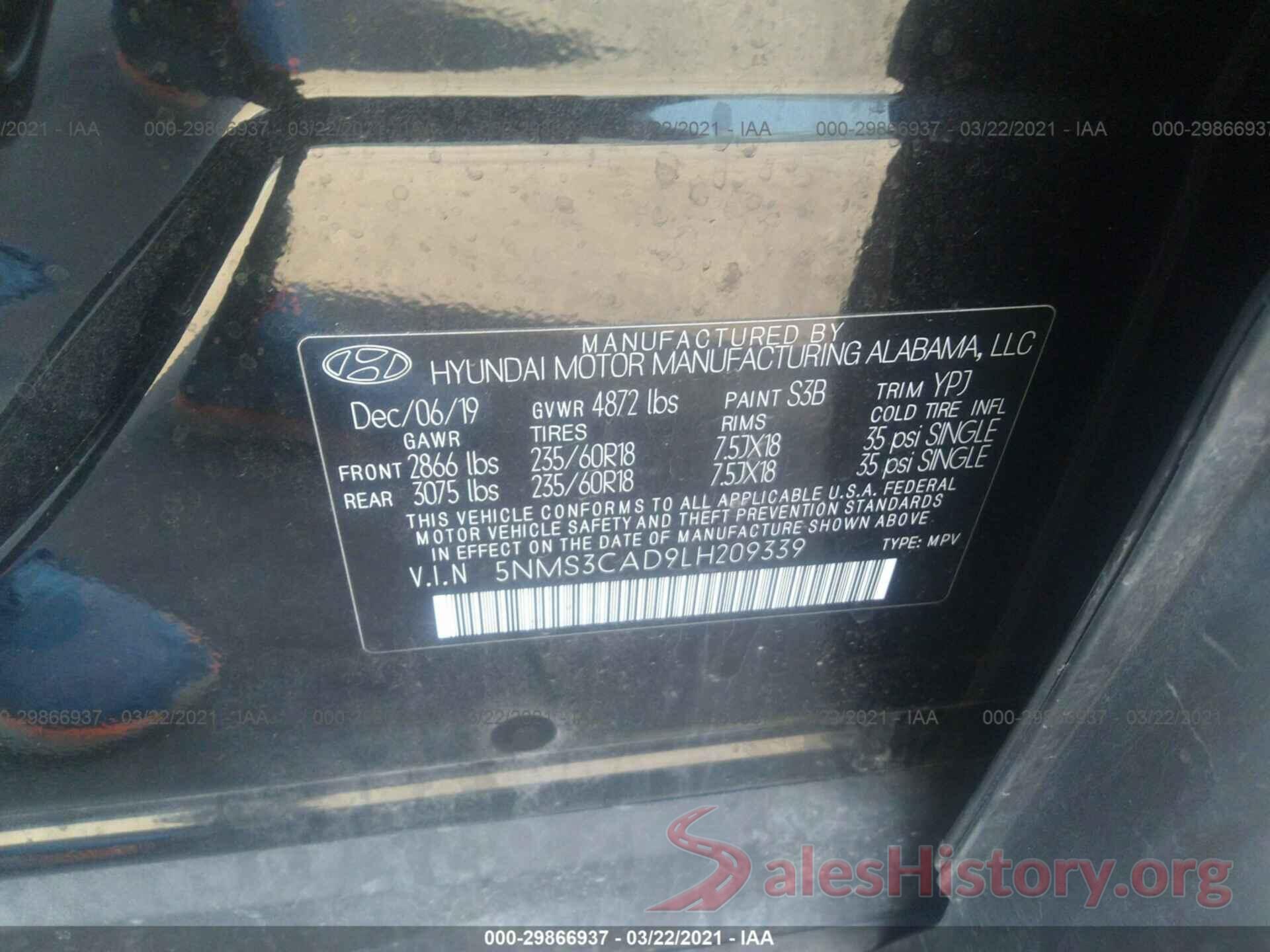 5NMS3CAD9LH209339 2020 HYUNDAI SANTA FE