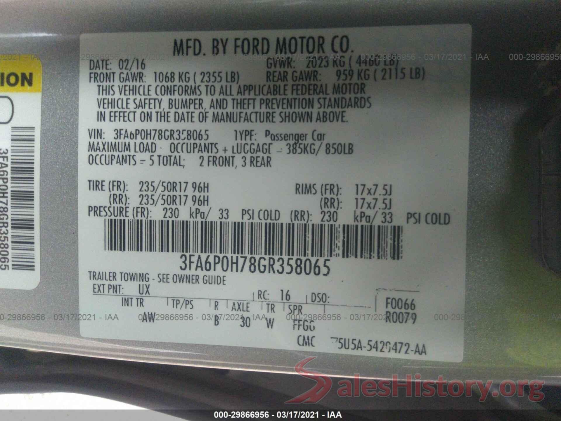 3FA6P0H78GR358065 2016 FORD FUSION