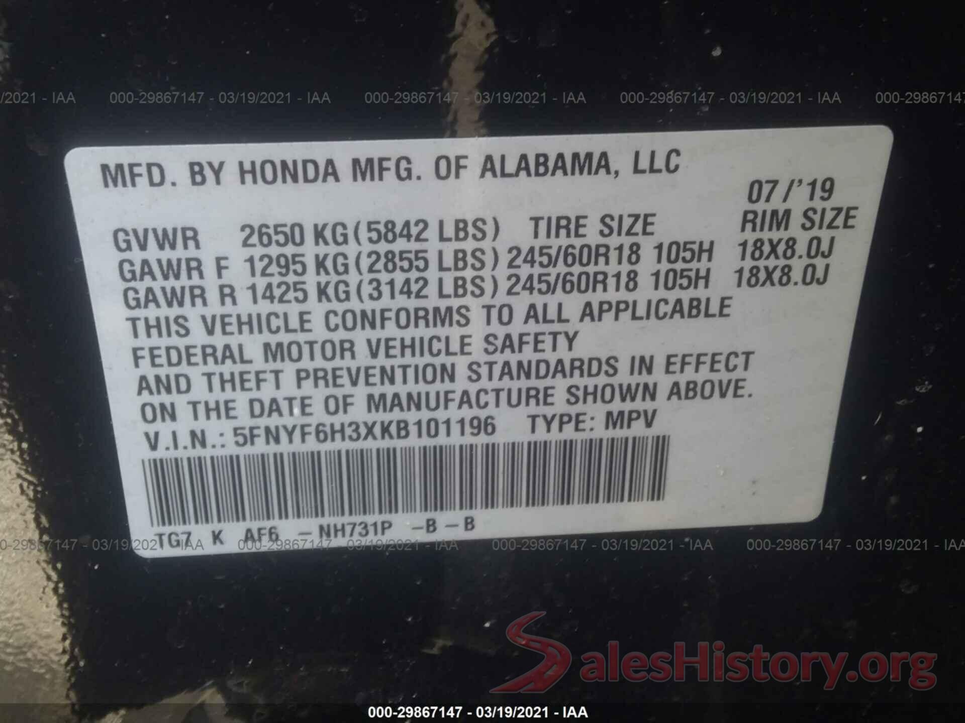 5FNYF6H3XKB101196 2019 HONDA PILOT