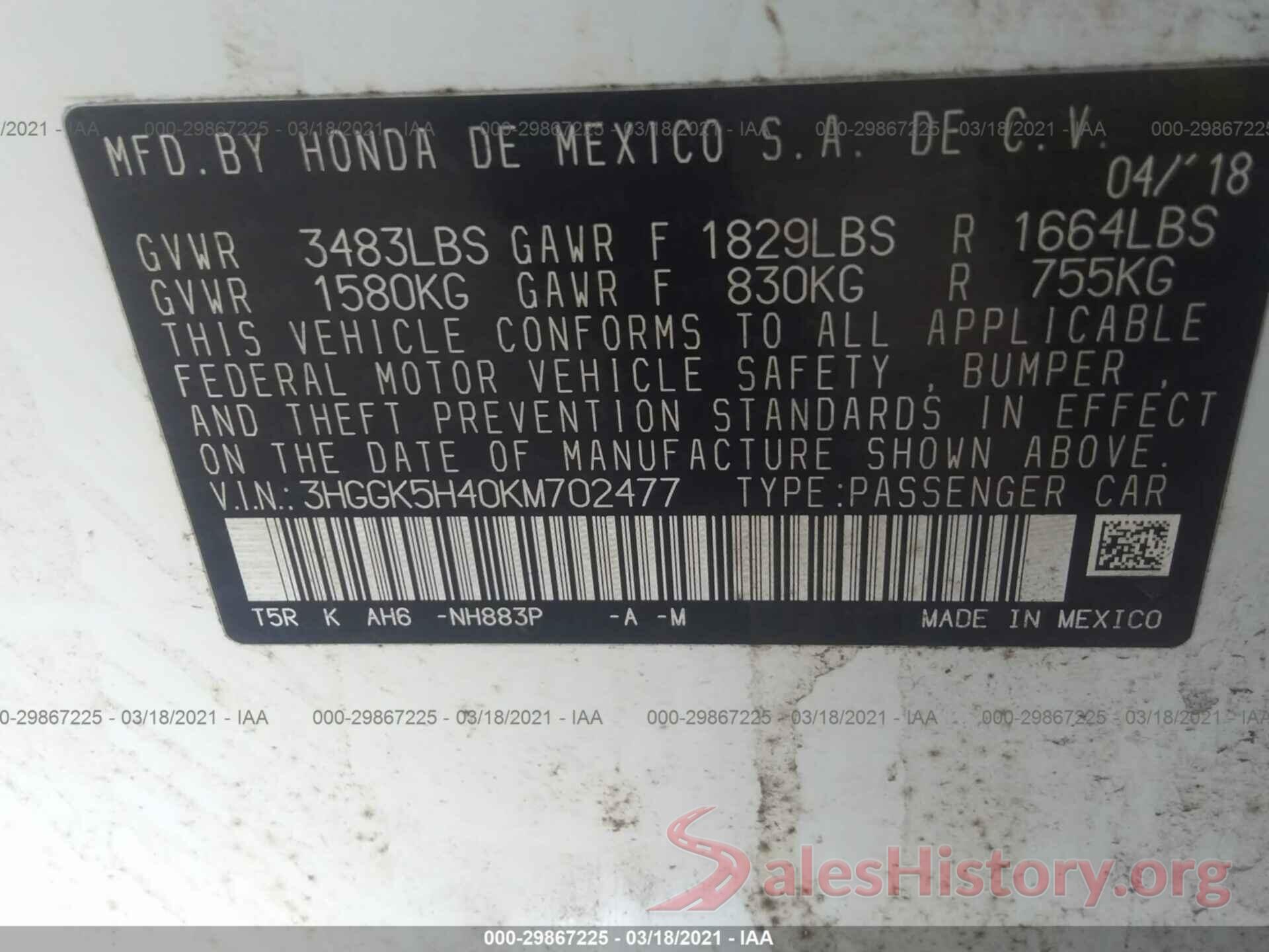 3HGGK5H40KM702477 2019 HONDA FIT