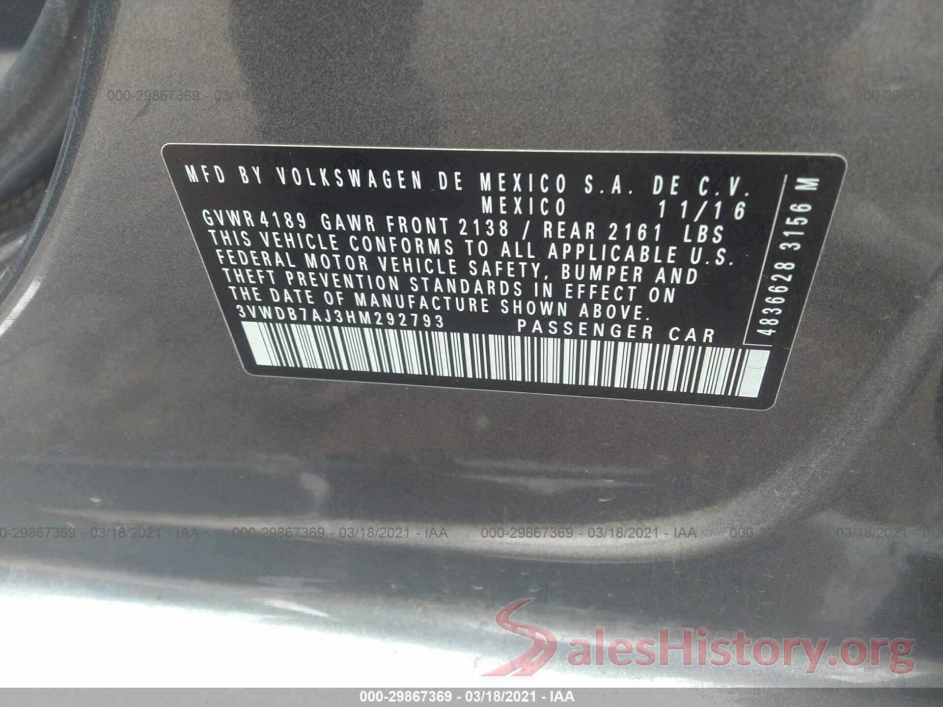 3VWDB7AJ3HM292793 2017 VOLKSWAGEN JETTA