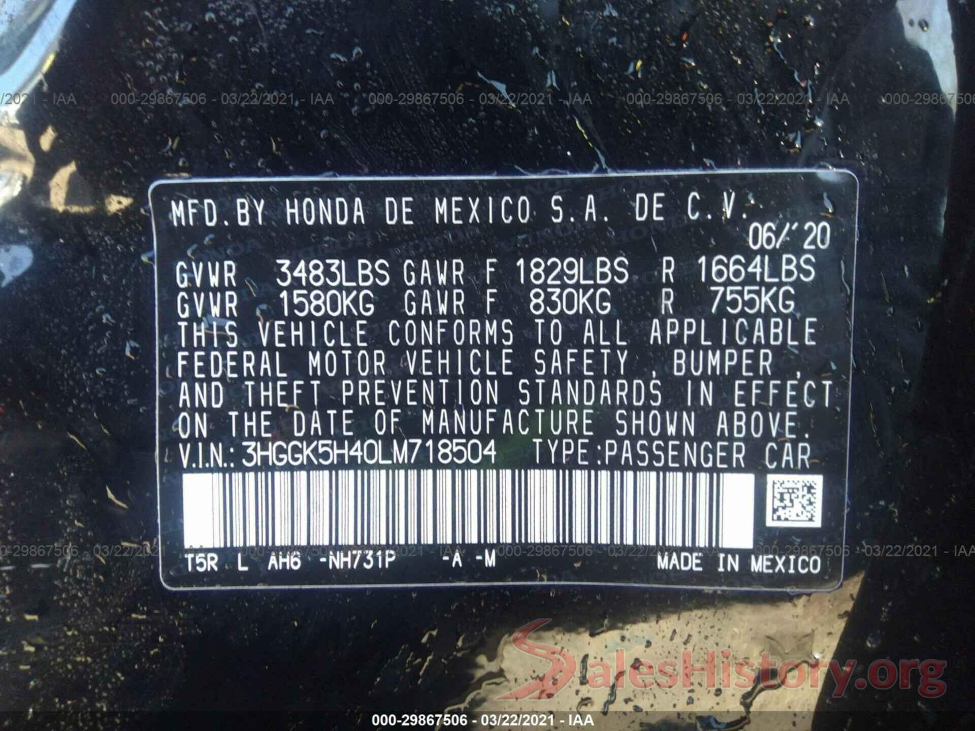 3HGGK5H40LM718504 2020 HONDA FIT