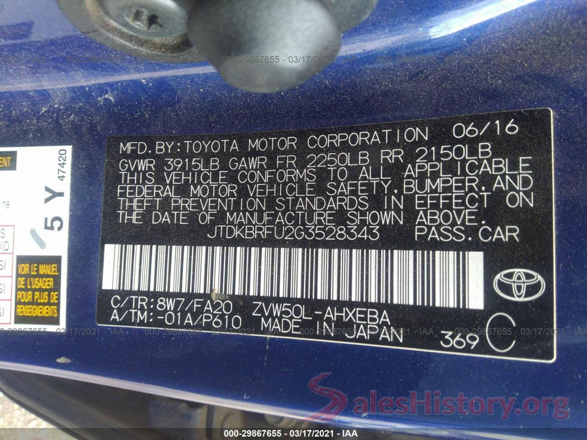 JTDKBRFU2G3528343 2016 TOYOTA PRIUS