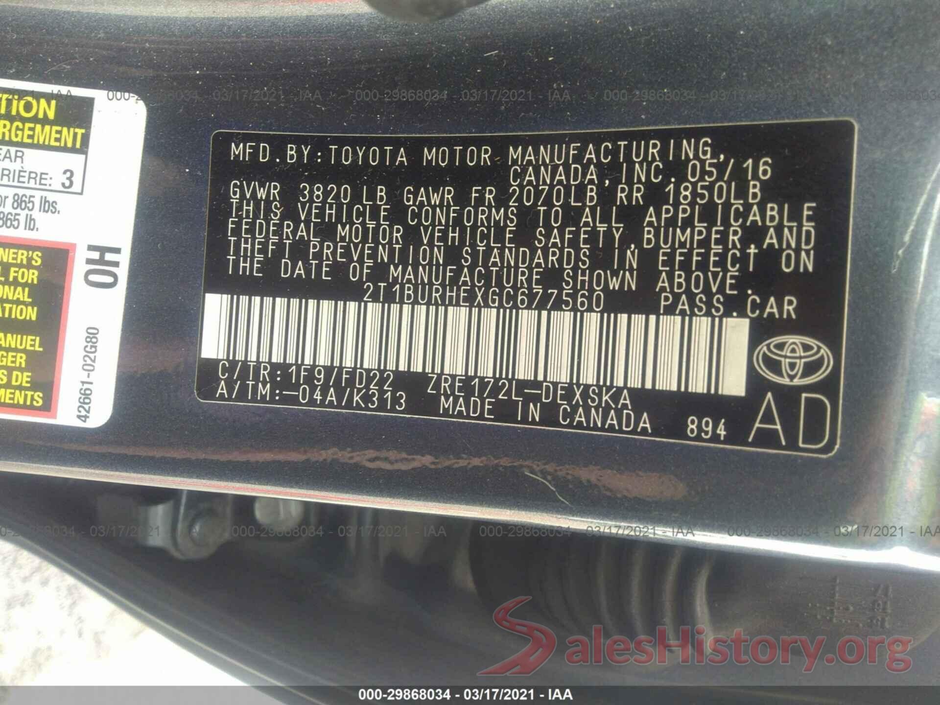 2T1BURHEXGC677560 2016 TOYOTA COROLLA