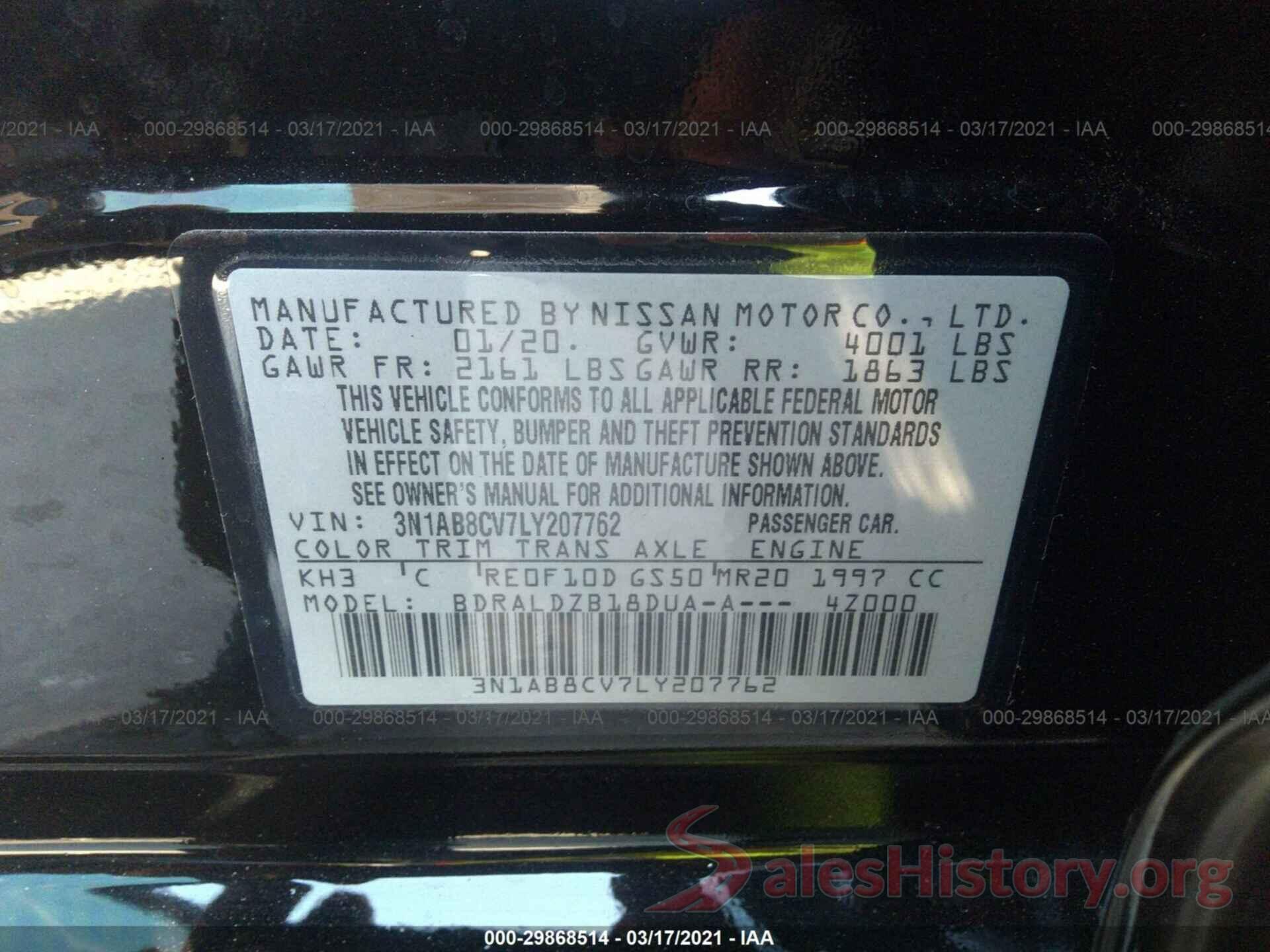 3N1AB8CV7LY207762 2020 NISSAN SENTRA