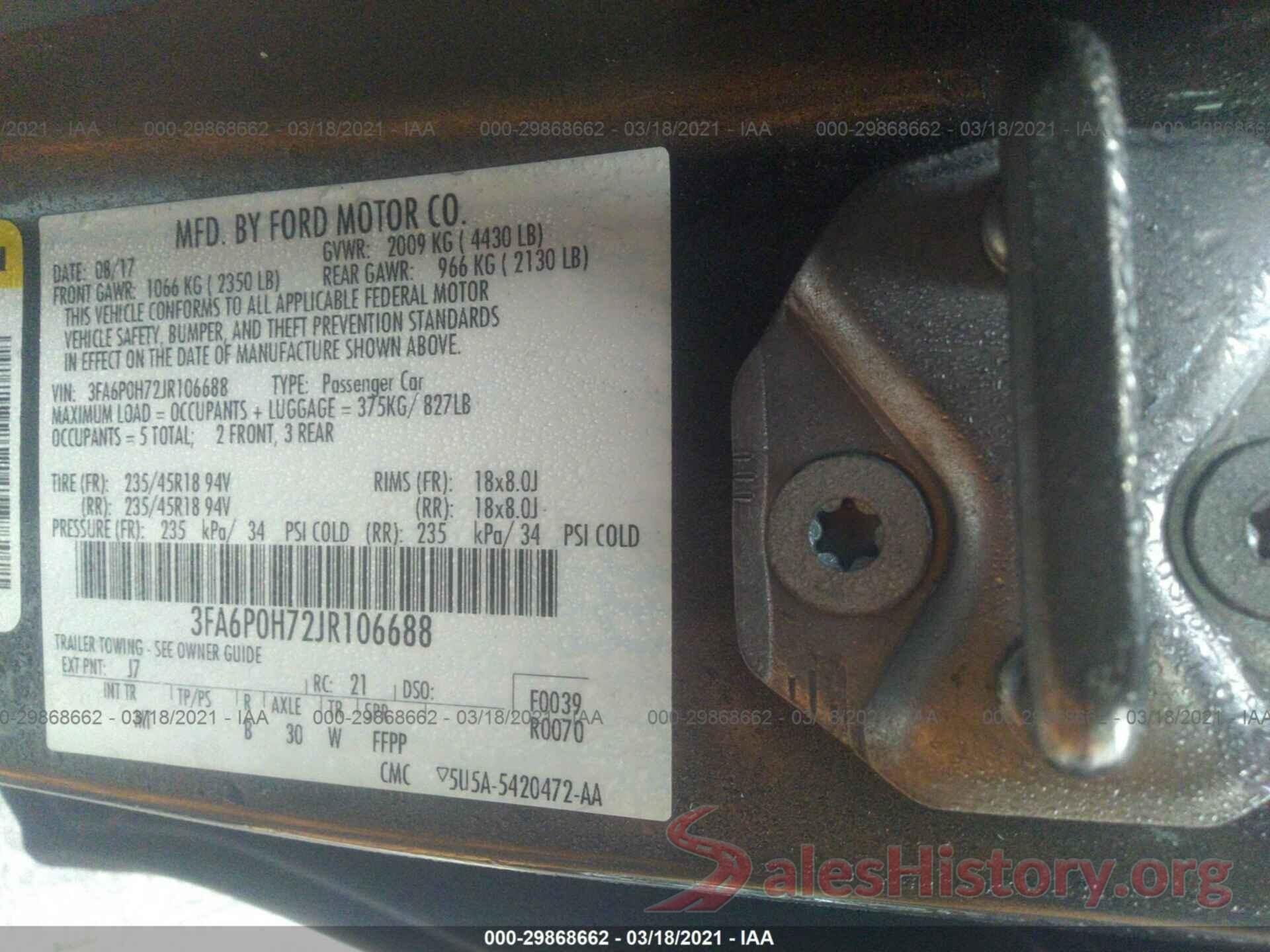 3FA6P0H72JR106688 2018 FORD FUSION