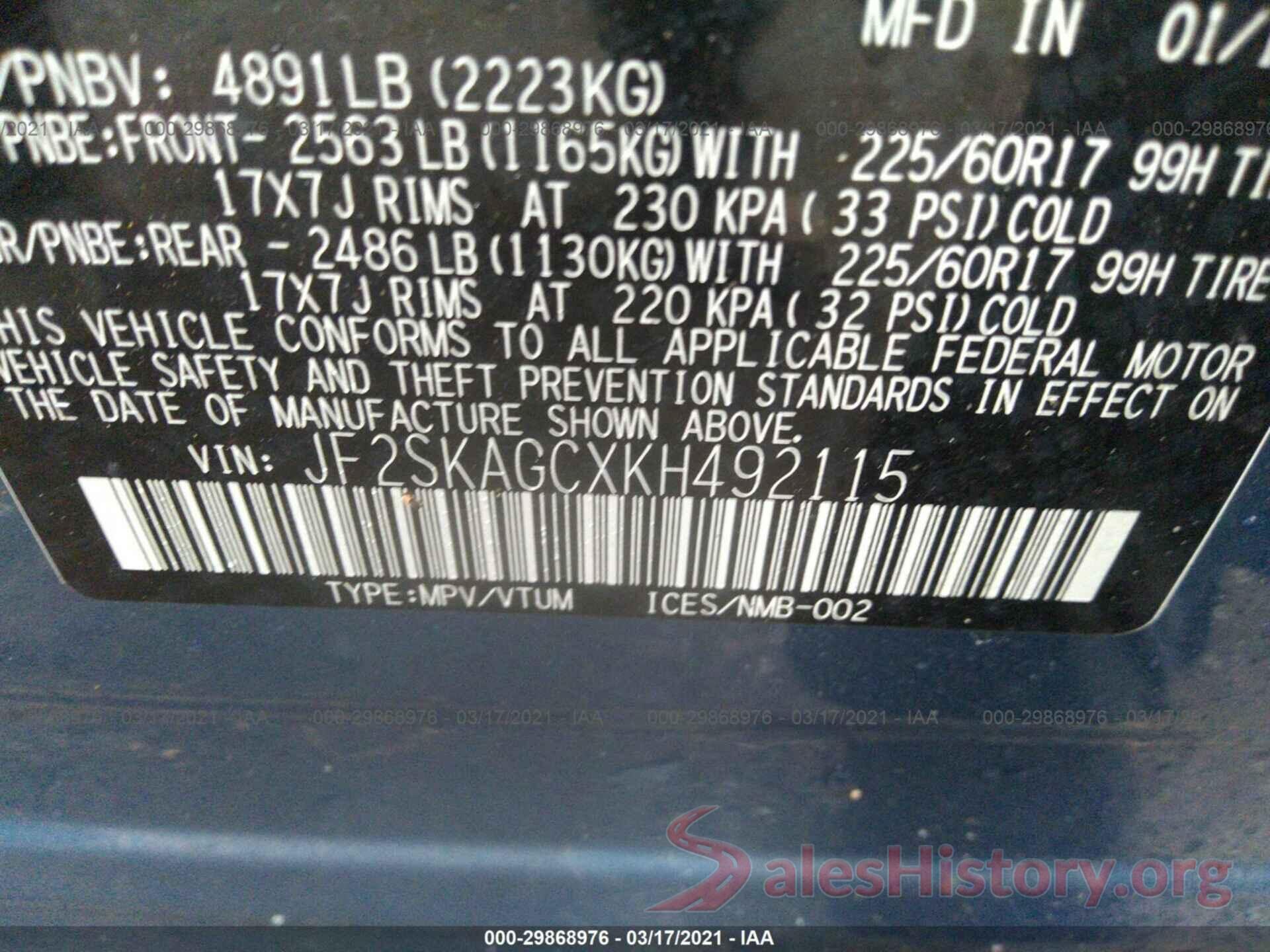 JF2SKAGCXKH492115 2019 SUBARU FORESTER