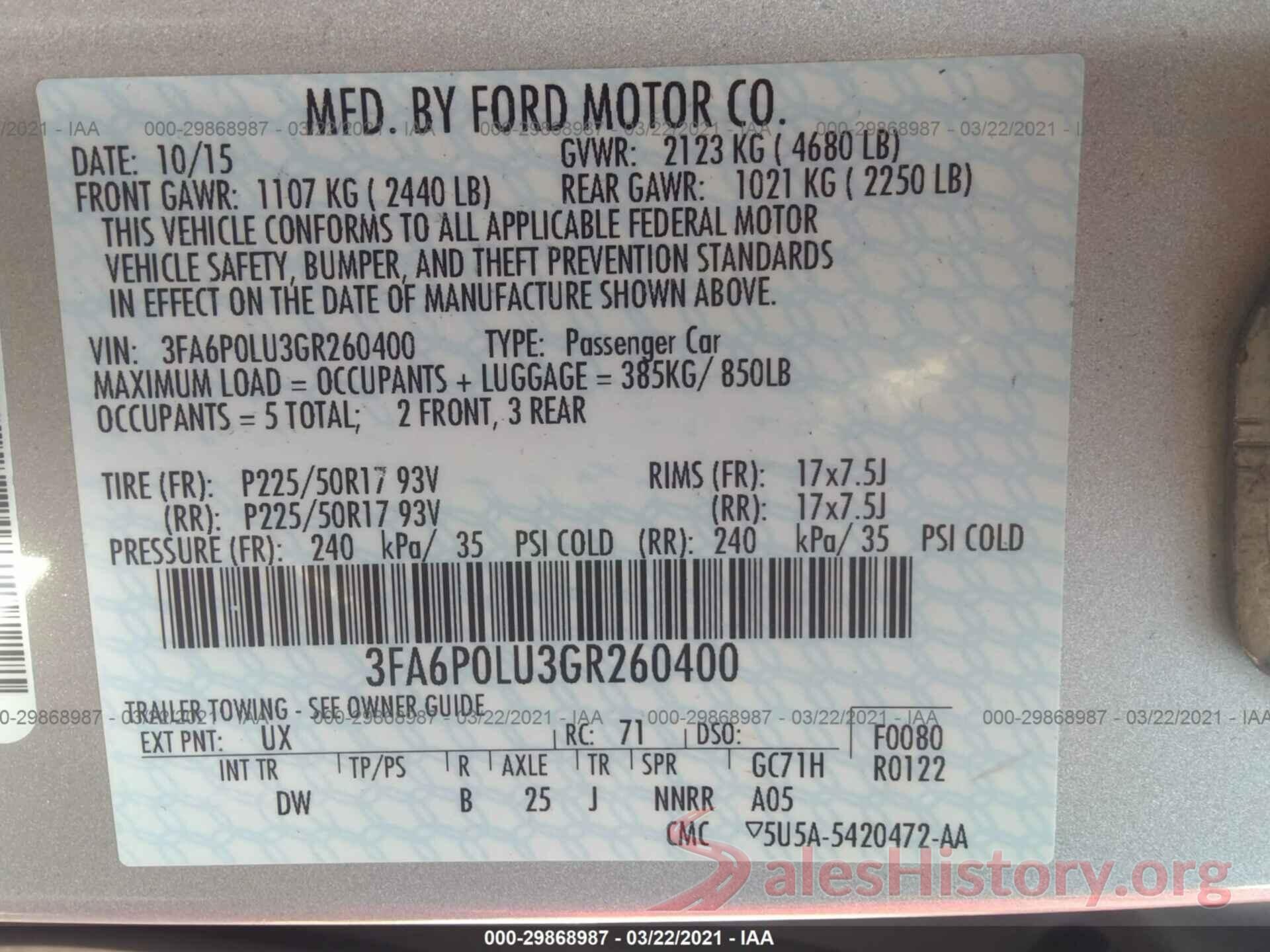 3FA6P0LU3GR260400 2016 FORD FUSION