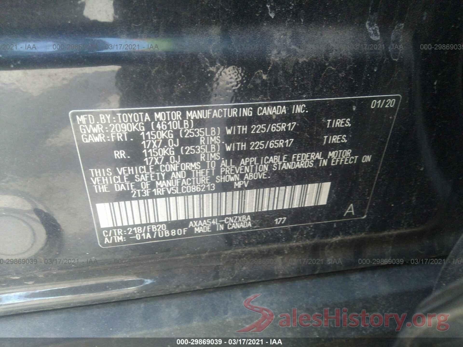 2T3F1RFV5LC086213 2020 TOYOTA RAV4