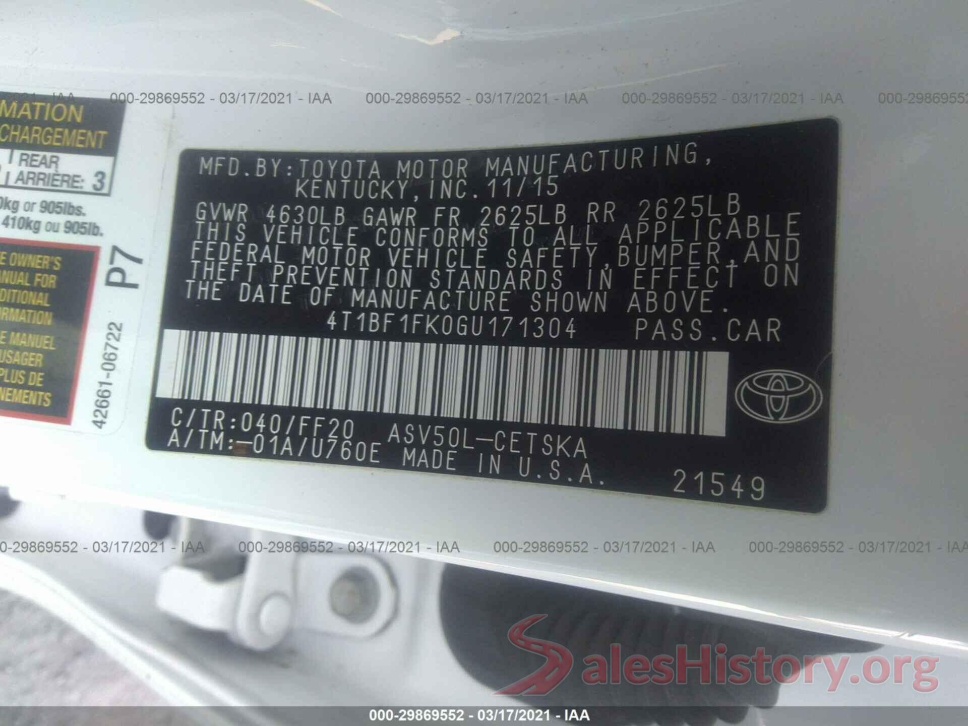 4T1BF1FK0GU171304 2016 TOYOTA CAMRY