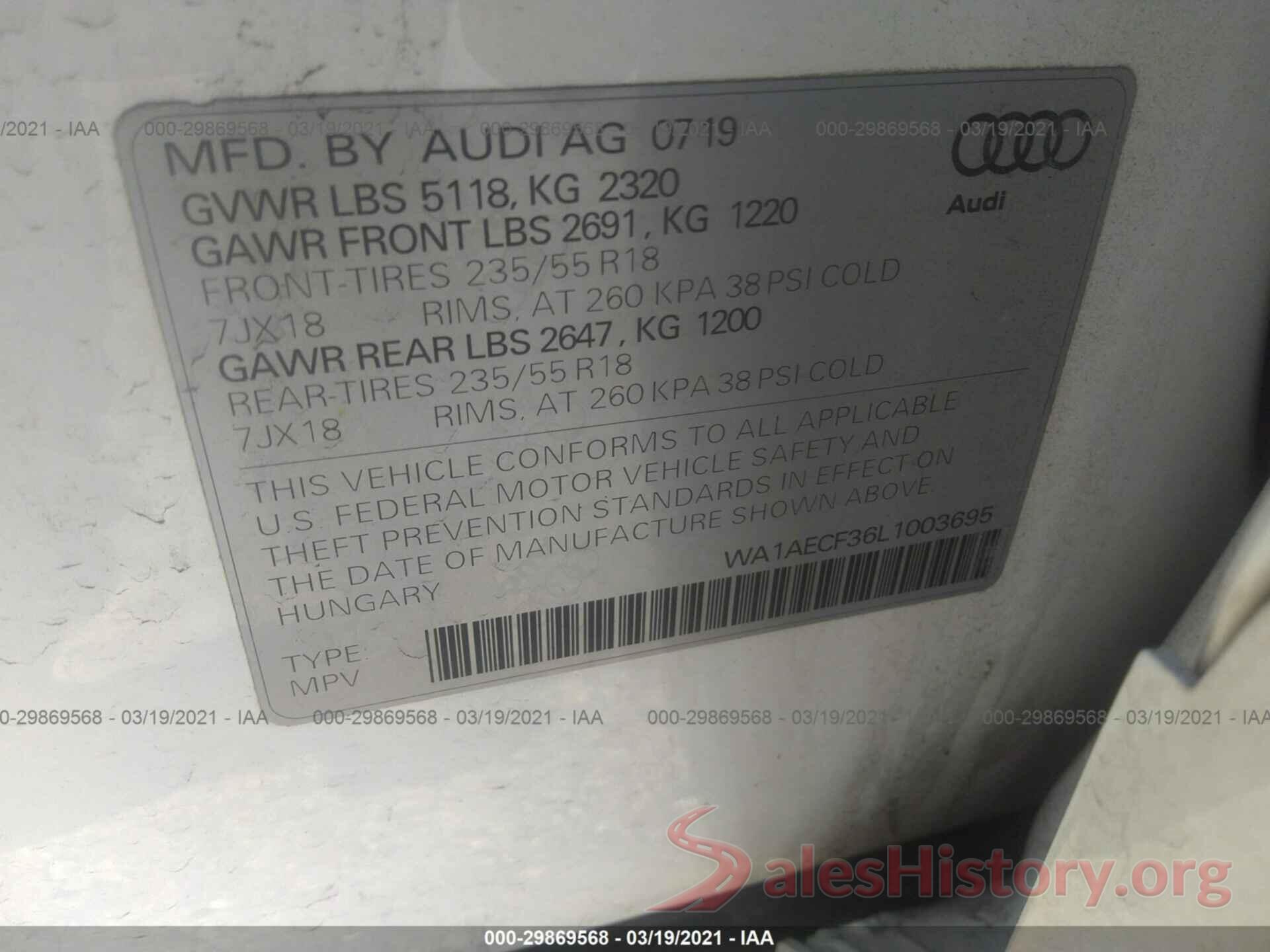 WA1AECF36L1003695 2020 AUDI Q3