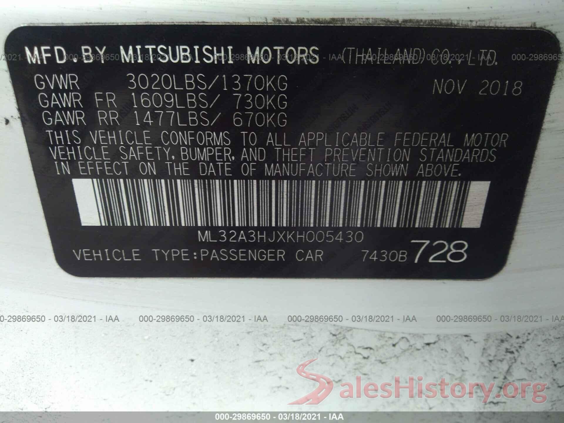 ML32A3HJXKH005430 2019 MITSUBISHI MIRAGE