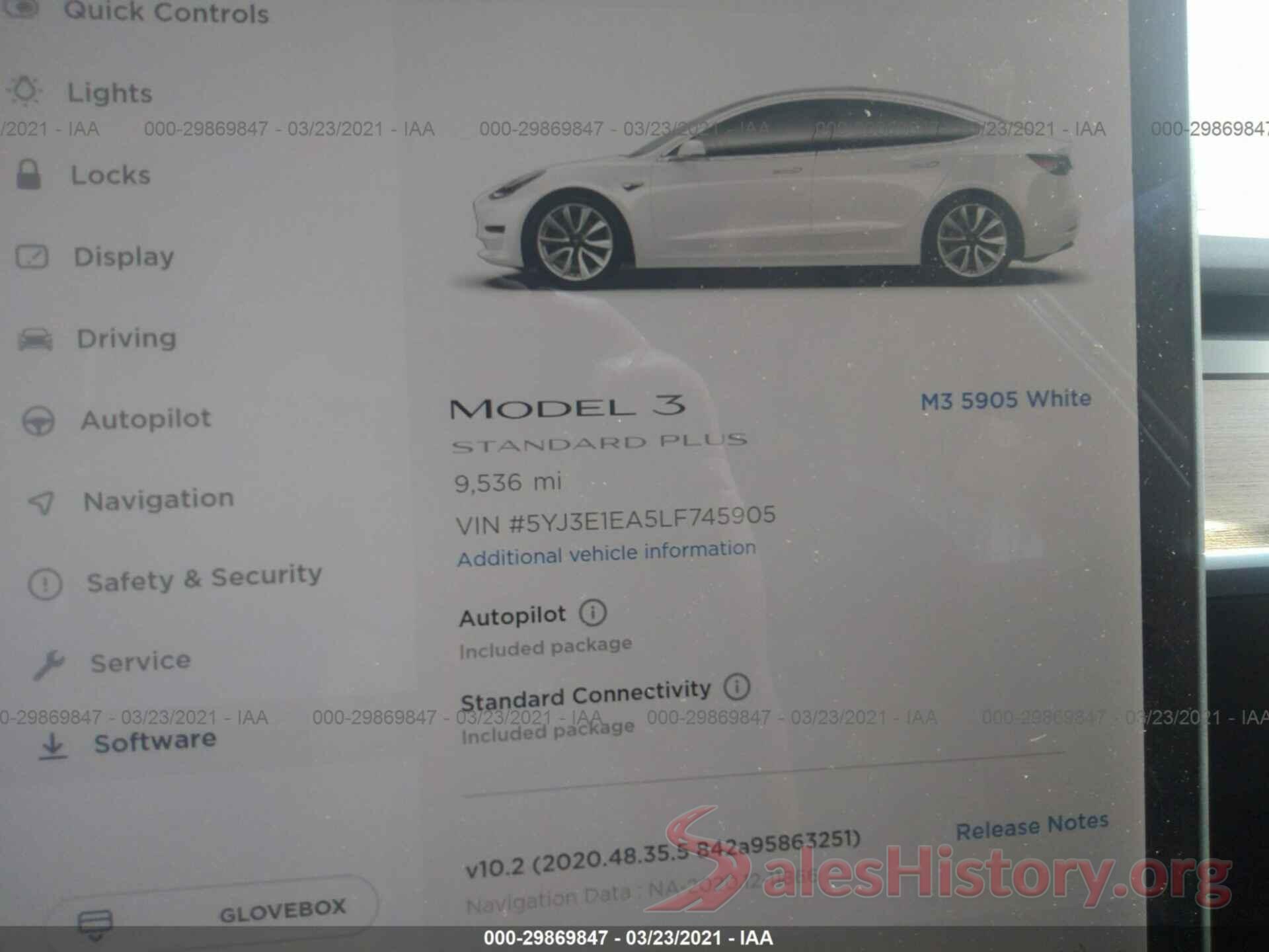 5YJ3E1EA5LF745905 2020 TESLA MODEL 3